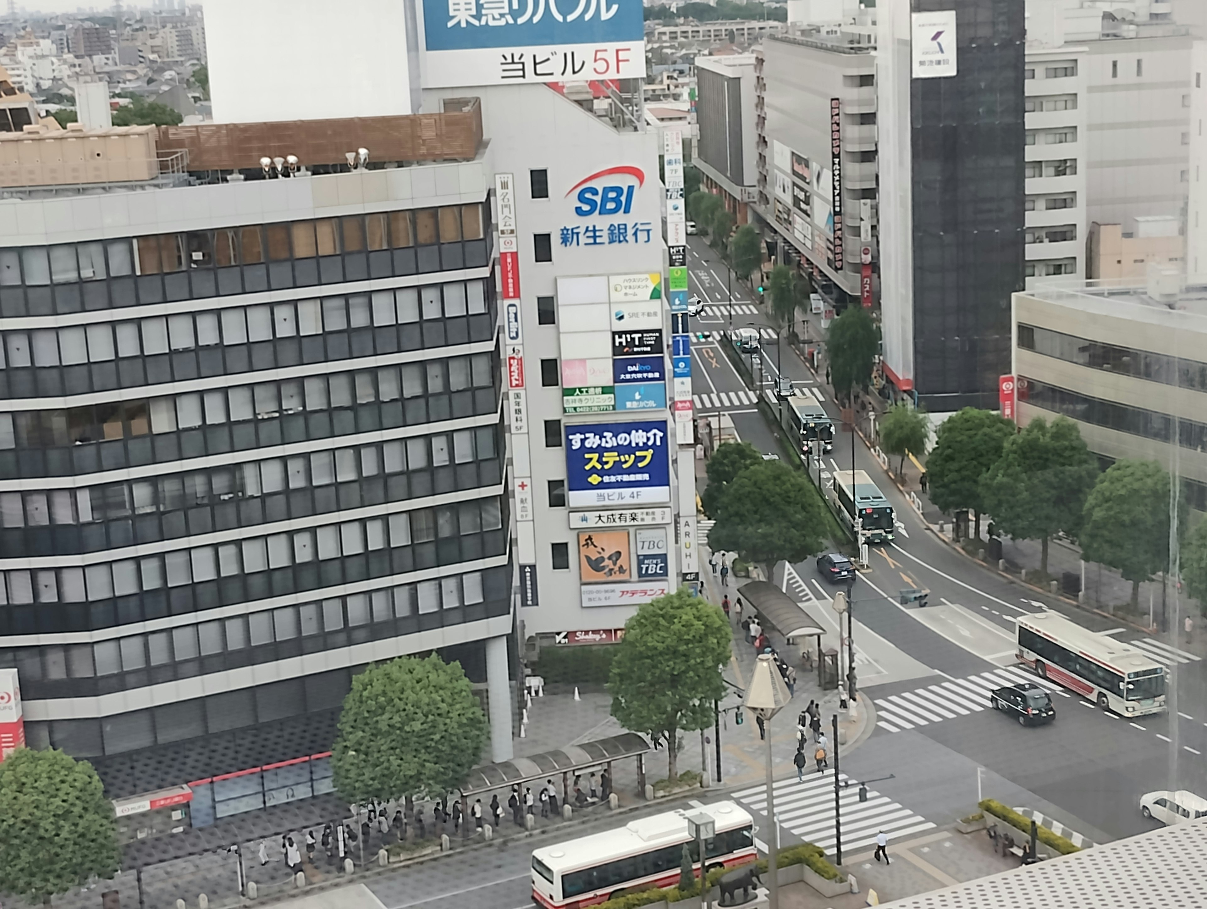 Urban landscape featuring SBI signage and bustling street activity