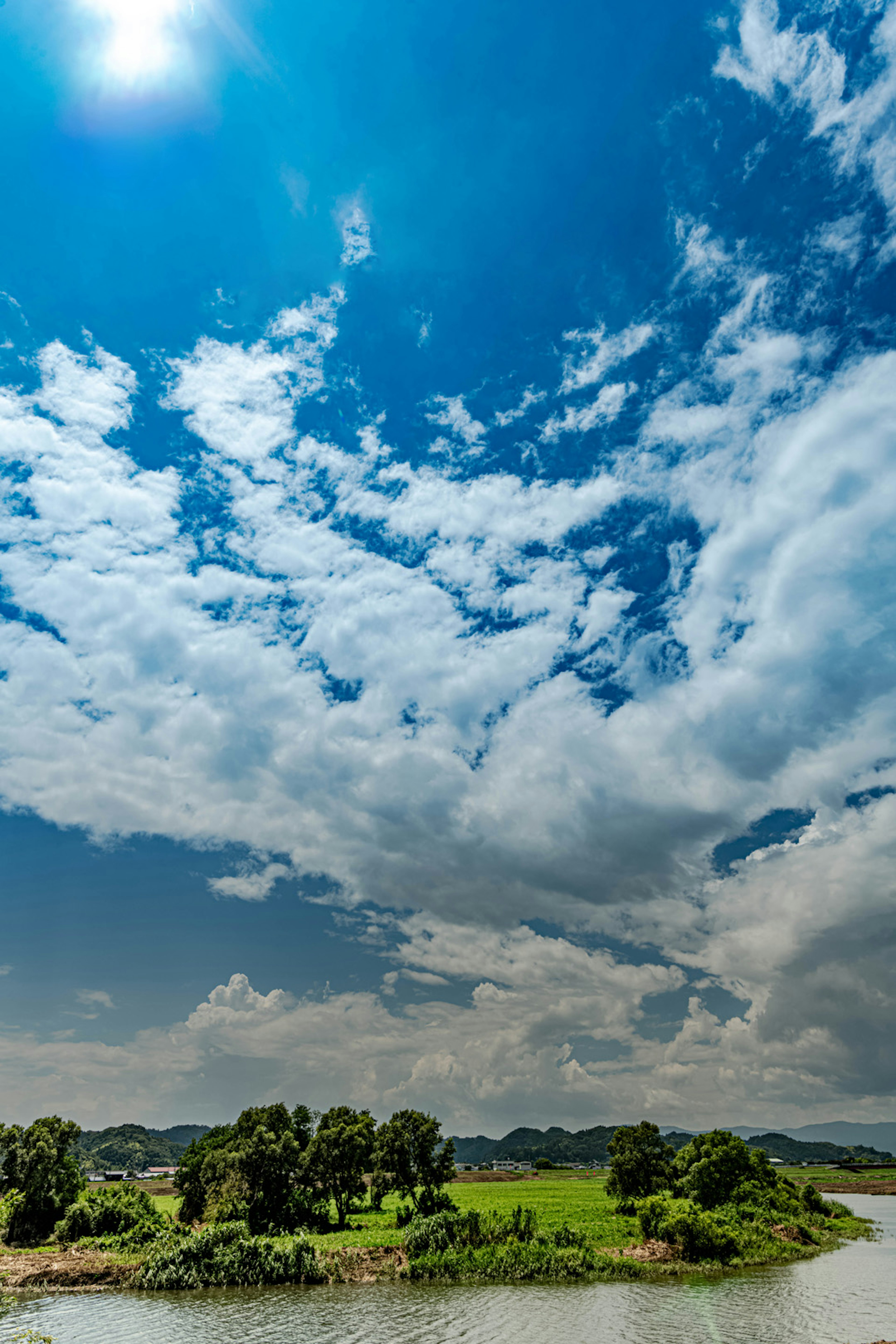 Vista panoramica di un cielo blu con nuvole bianche prati verdi e un fiume