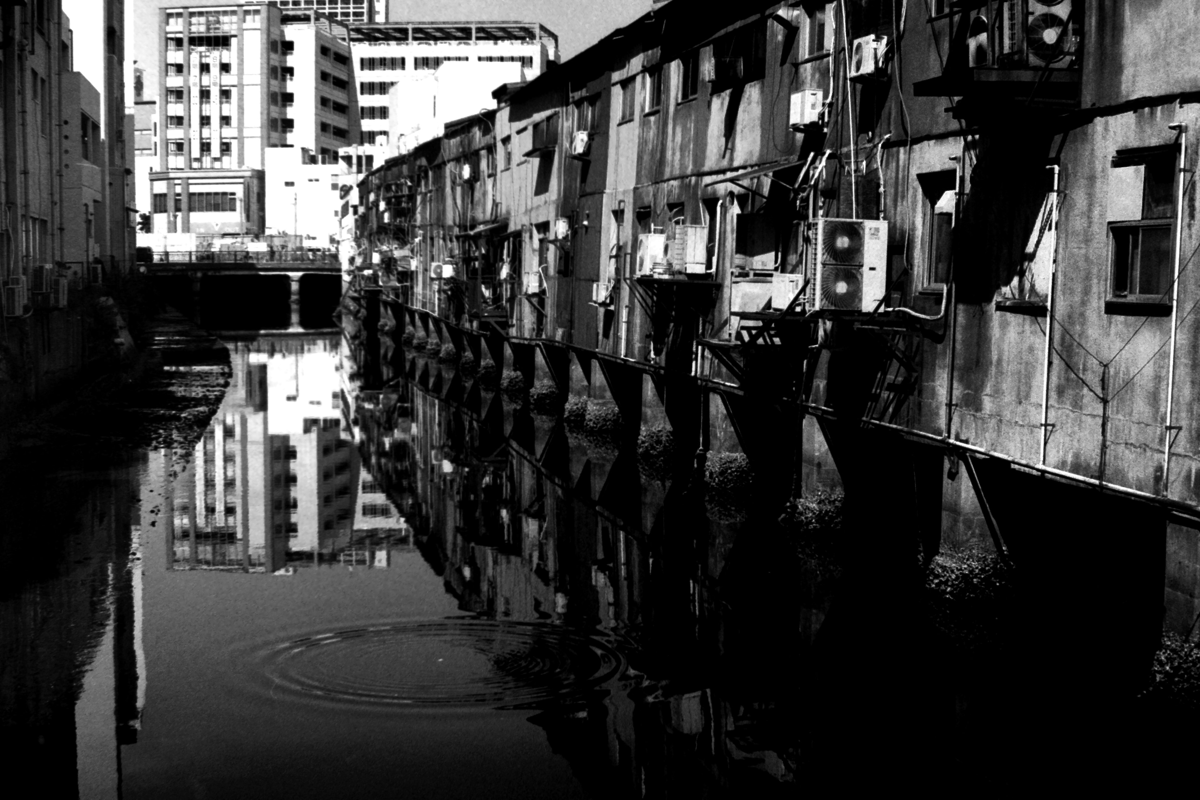 Contrast of old buildings and modern architecture reflected in still water