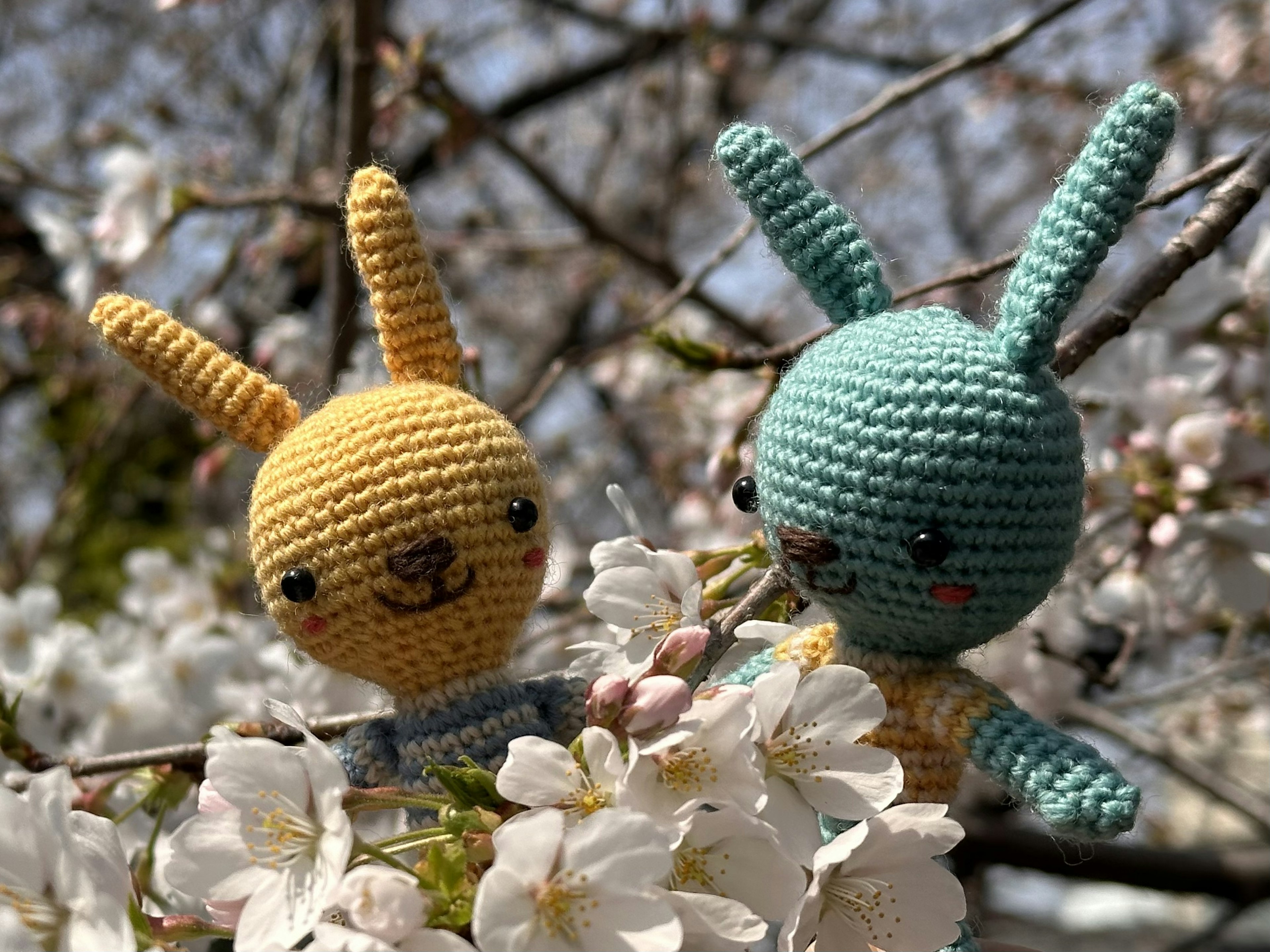 Yellow and blue crocheted bunnies among cherry blossoms