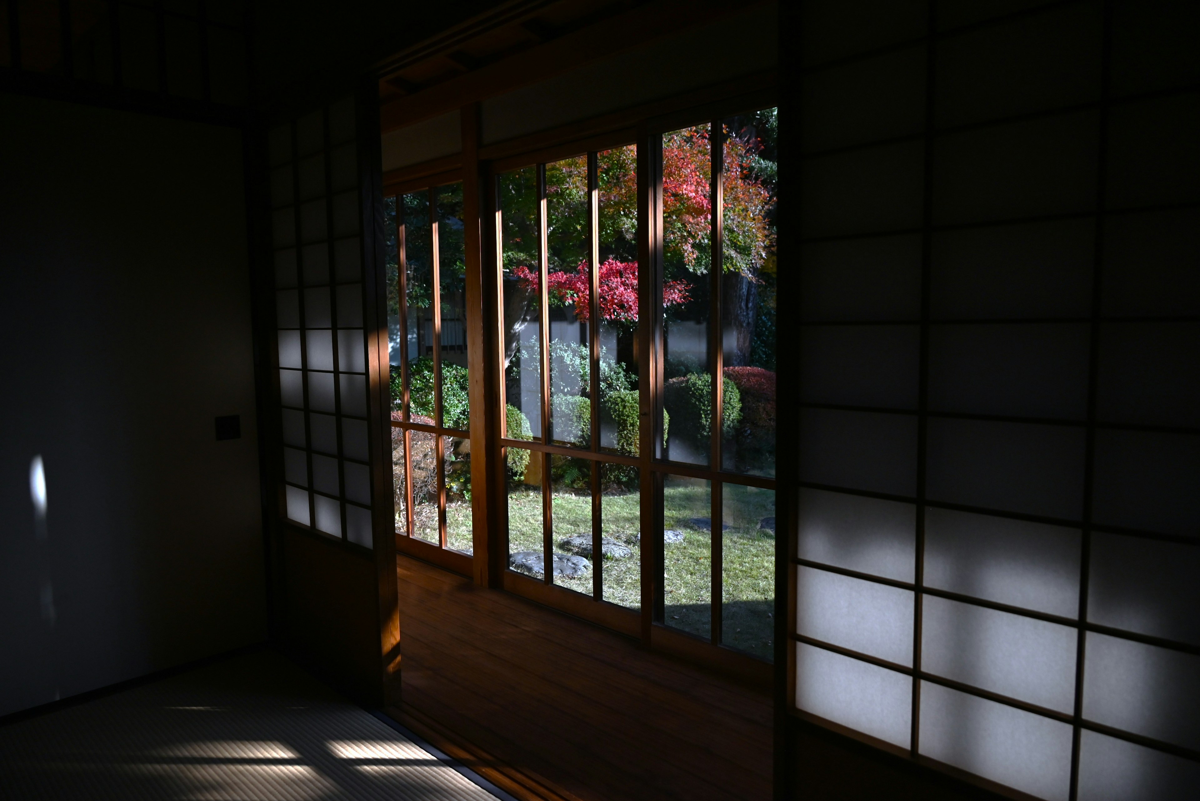 Schöner Blick auf den Garten und natürliches Licht durch ein traditionelles japanisches Fenster