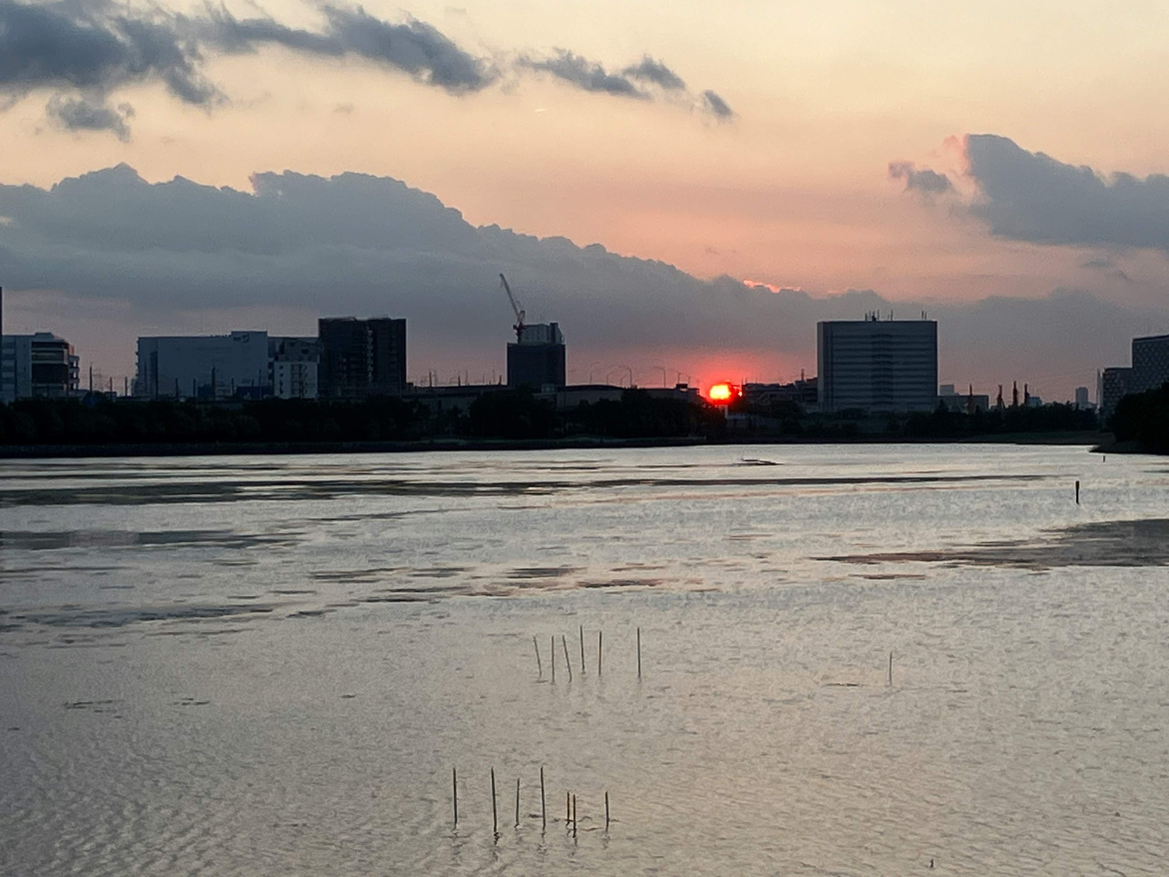 夕日が沈む都市のシルエットを背景にした水面の風景