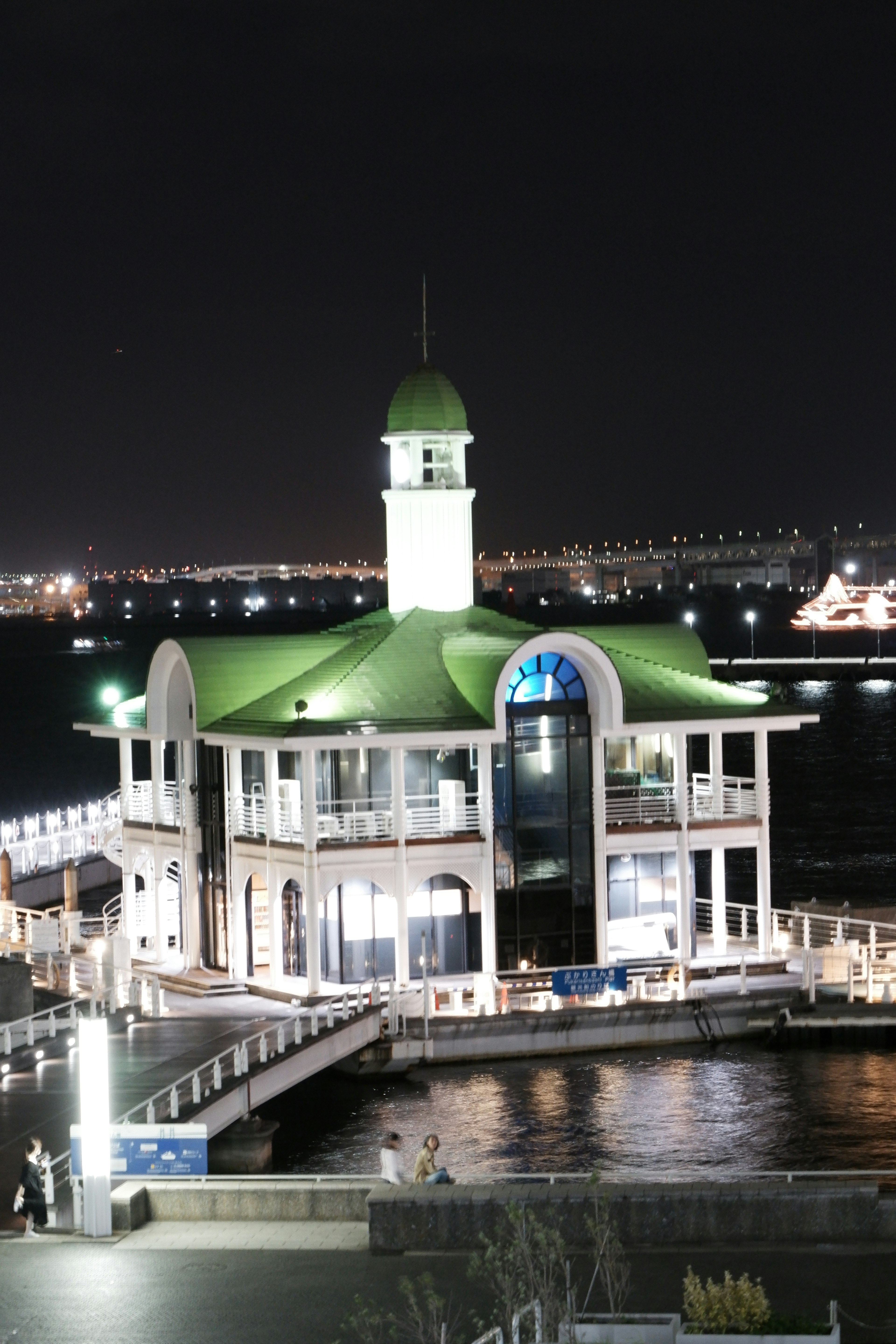 A brightly lit building with a green roof by the sea at night