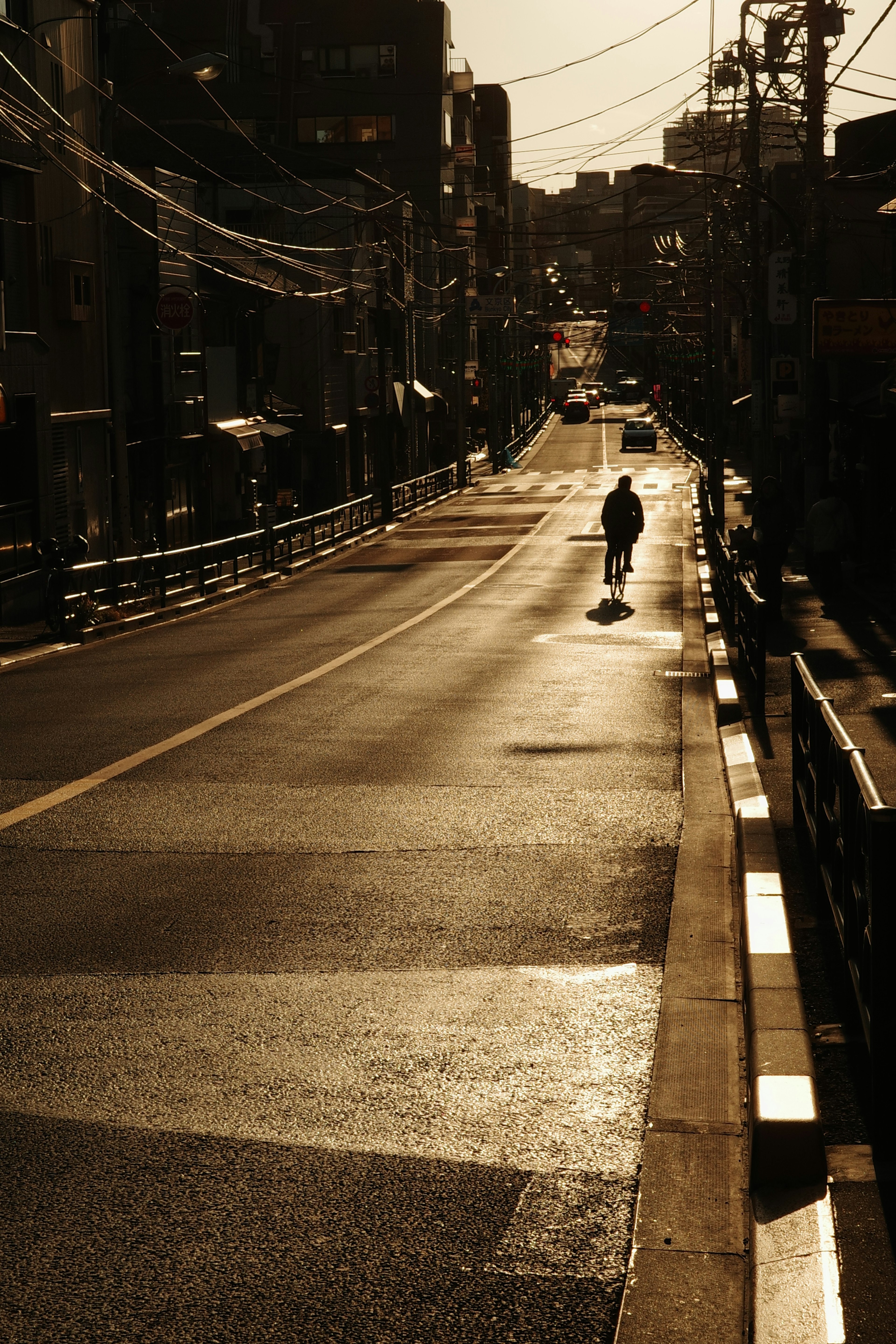 Silhouette of a person walking on a shiny street during sunset