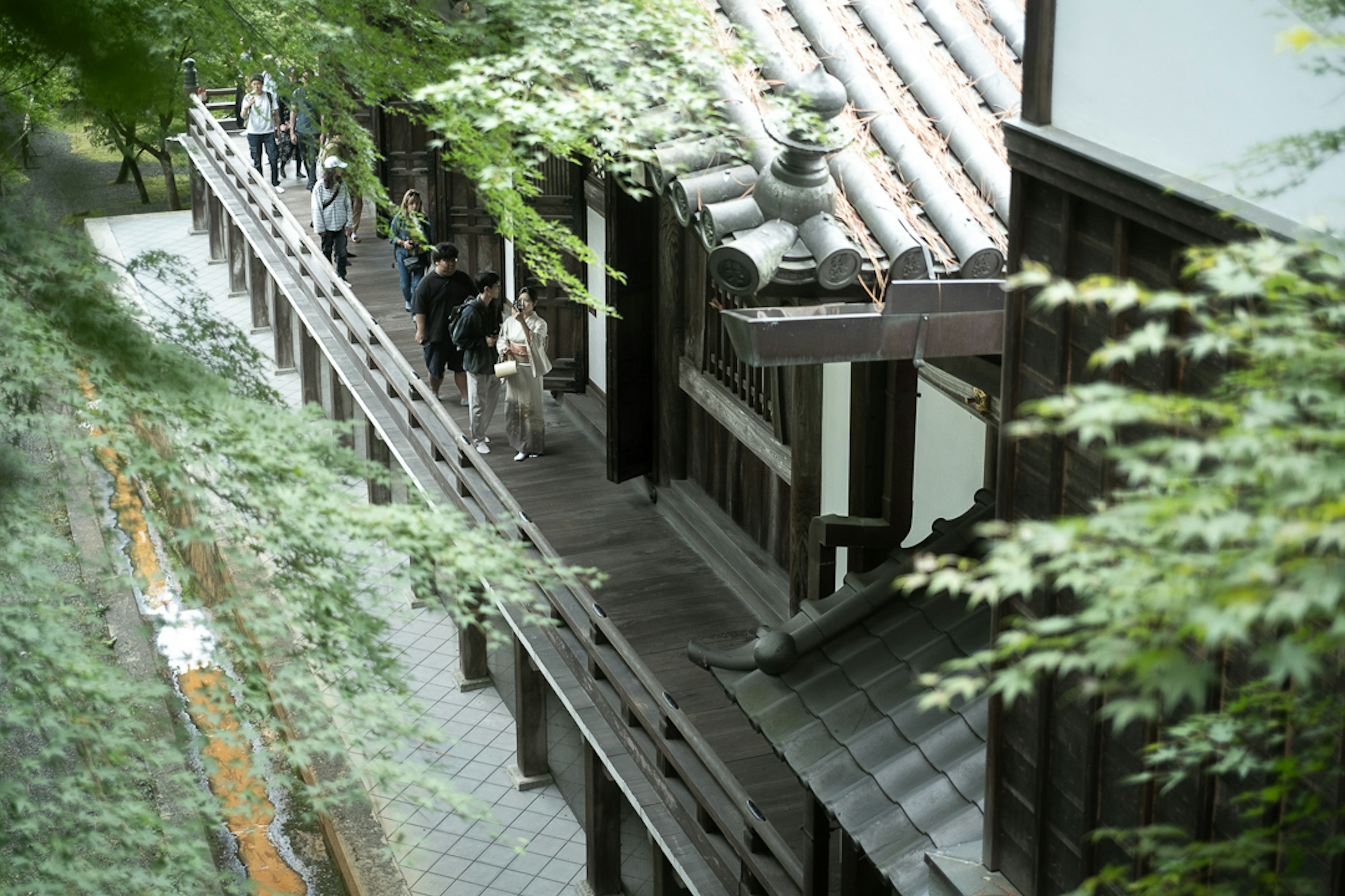 被綠意環繞的傳統日本建築與步行的人們