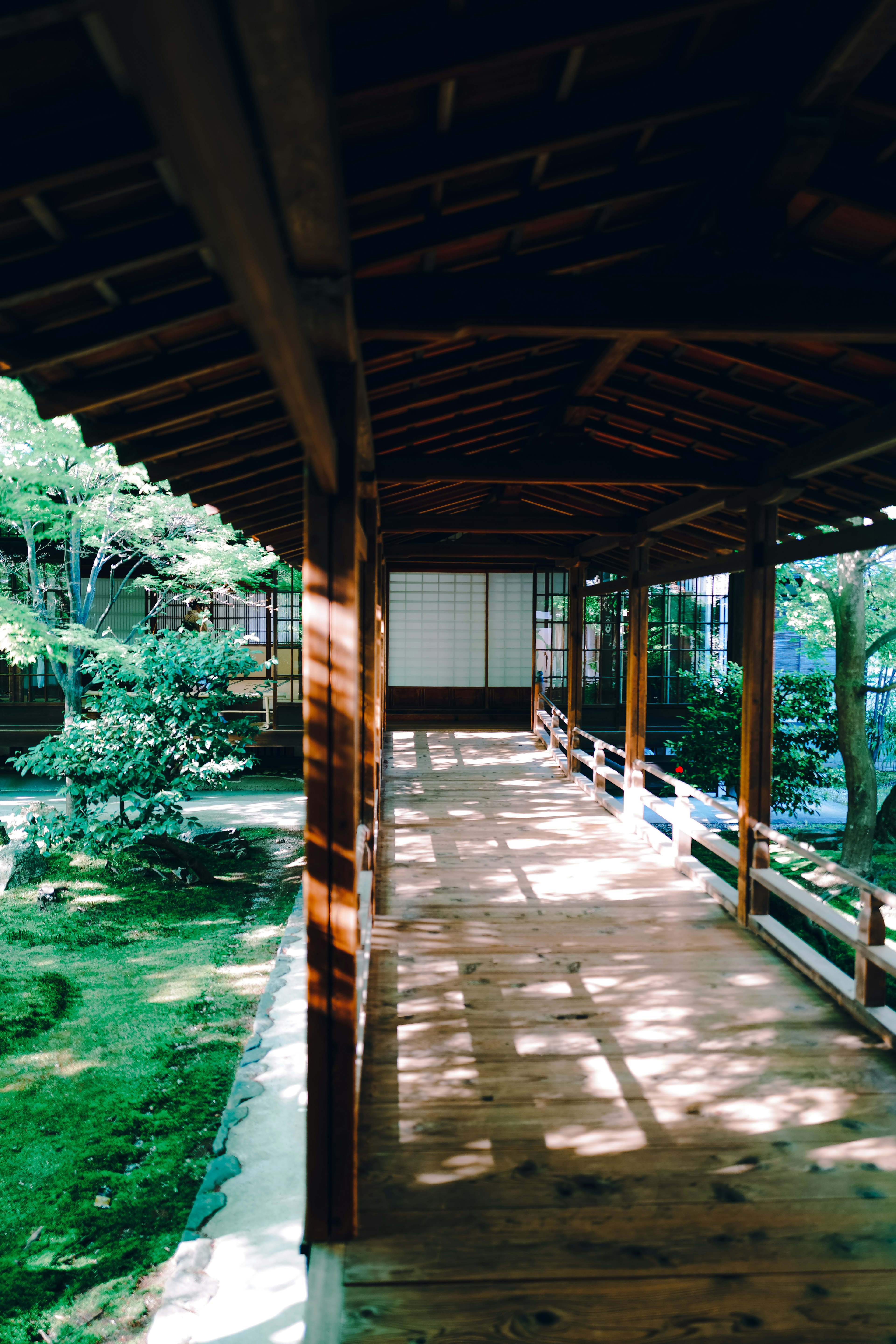 木製の廊下が緑の庭を見渡す景色