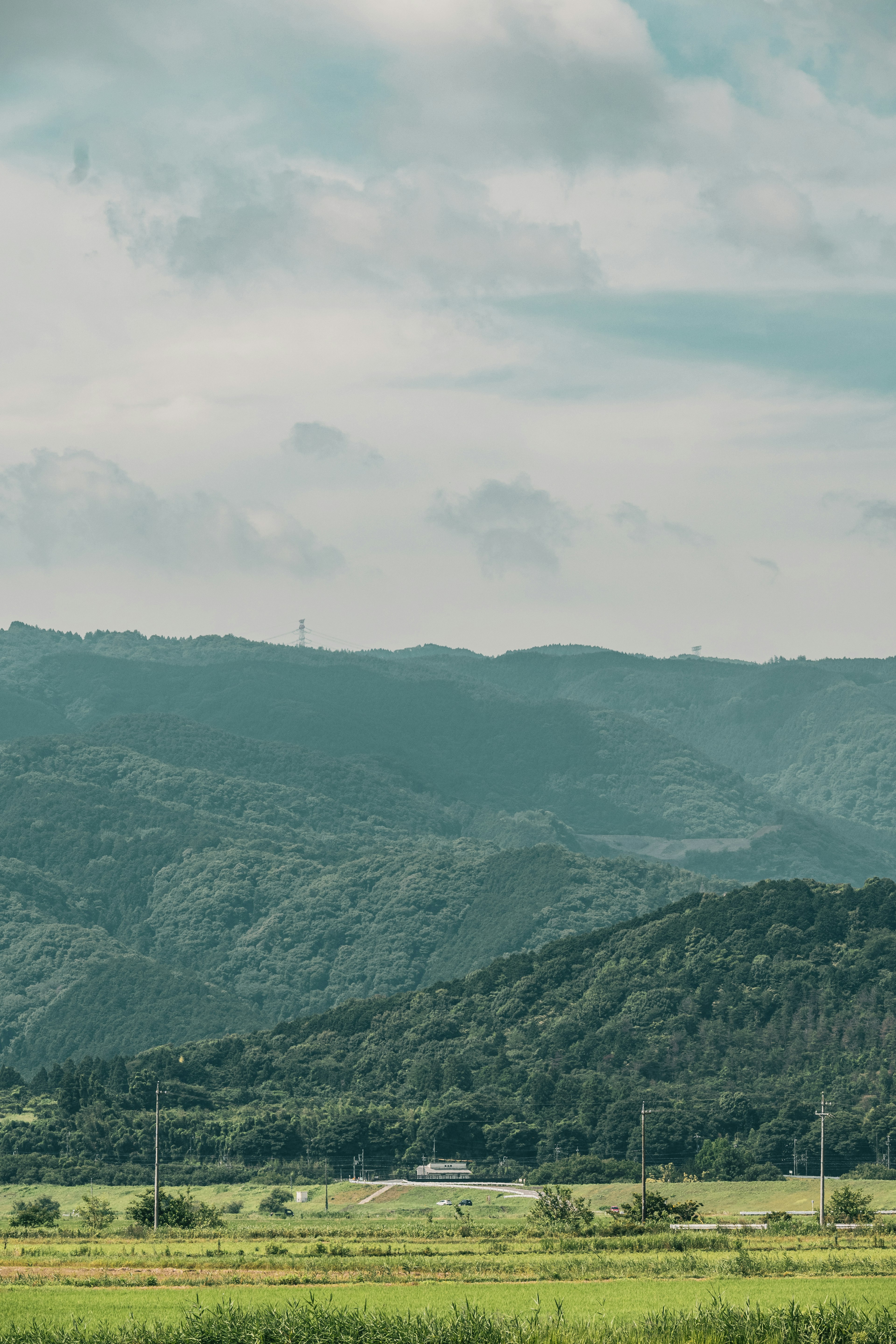 Ruhige Landschaft mit Bergen und grünen Feldern