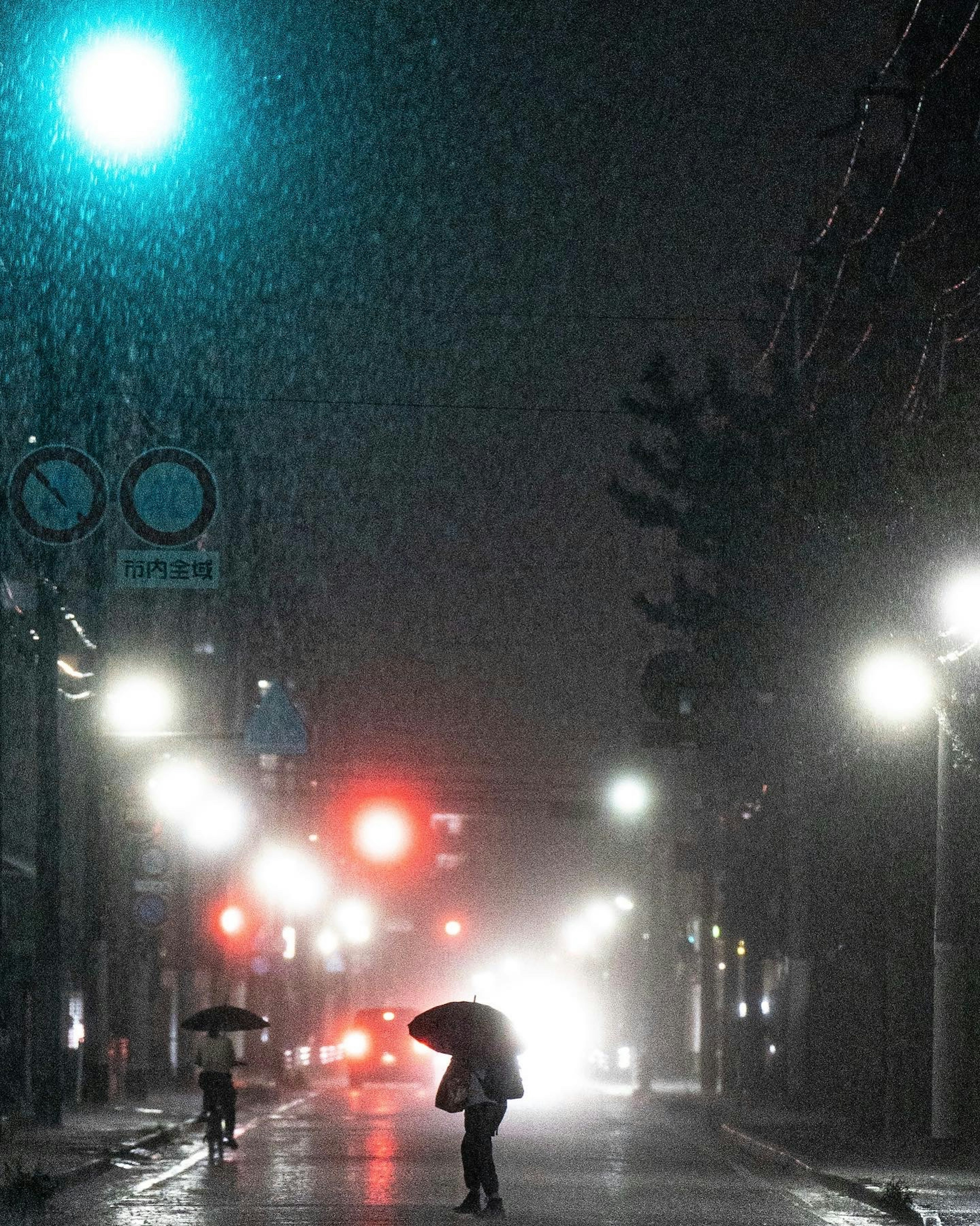 雨の中で傘を持って歩く人と色とりどりの信号がある夜の街