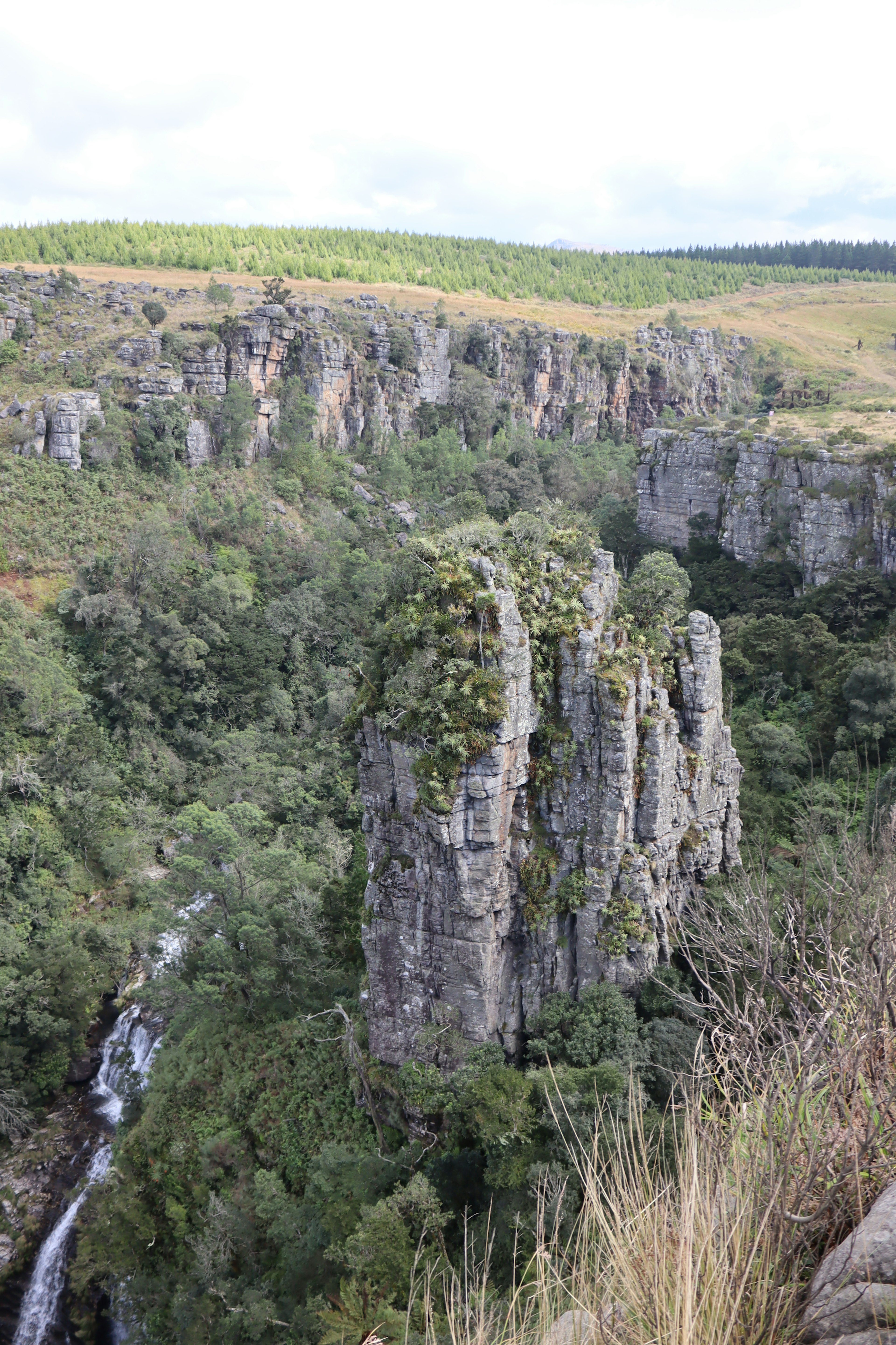 Pilar batu menjulang dikelilingi oleh vegetasi subur dan air terjun