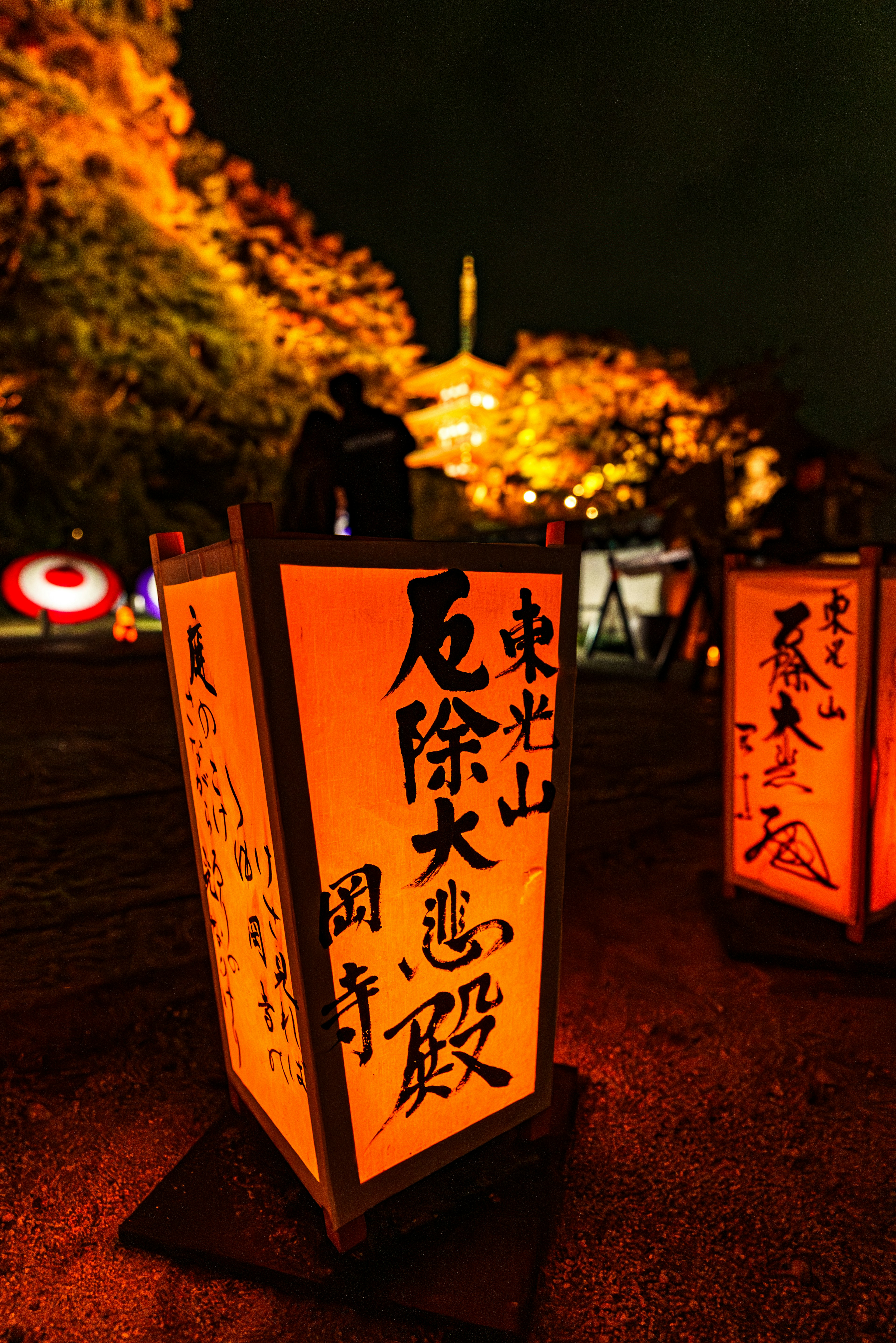 夜の公園にあるオレンジ色の提灯と木々の背景