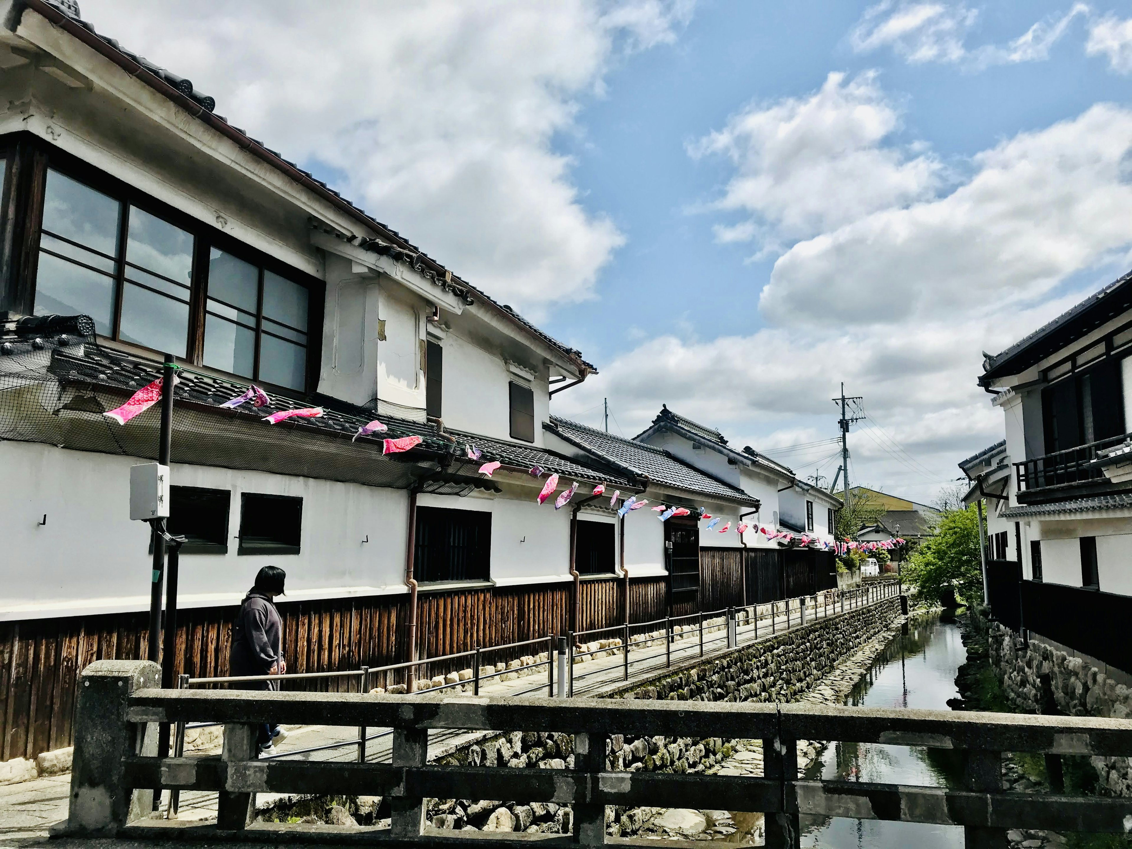 日本の伝統的な街並みと川の風景が広がる