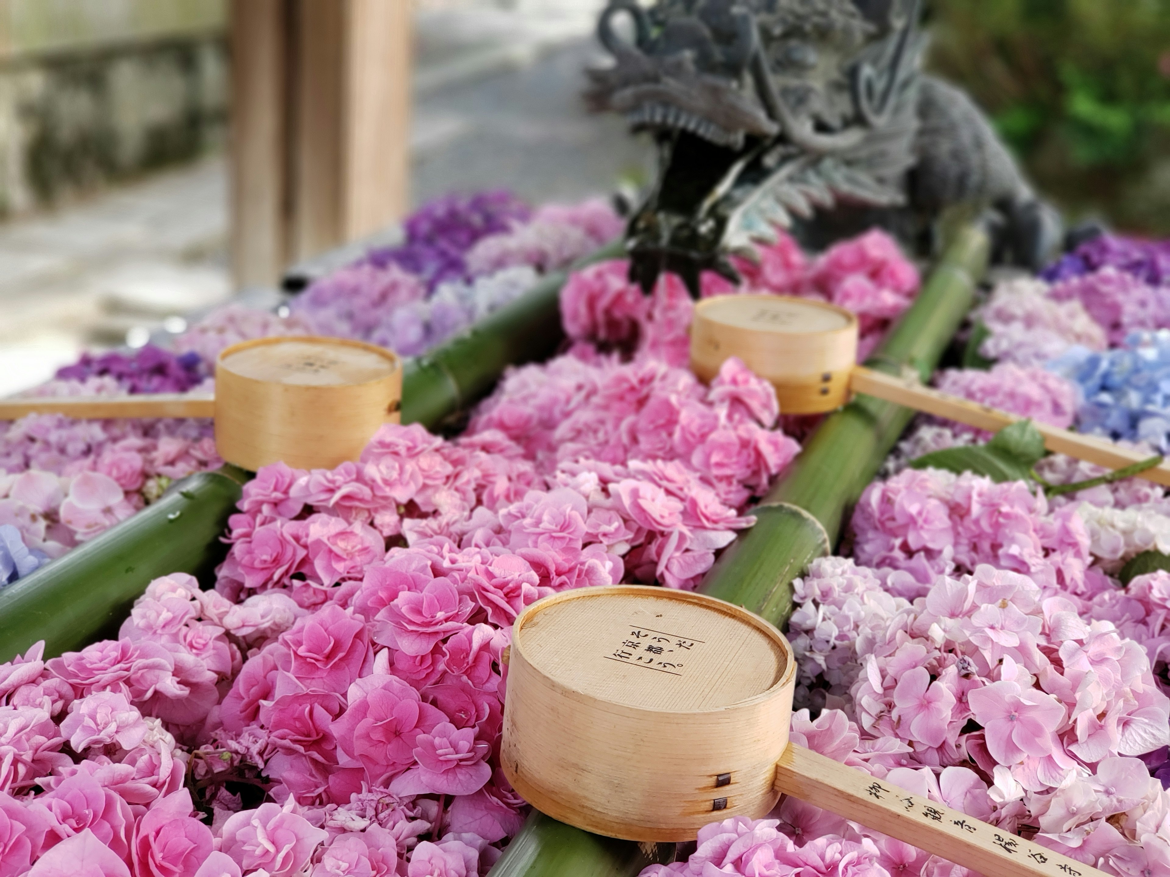 竹の上に色とりどりの花が敷き詰められているシーンと水を汲むための木製の桶