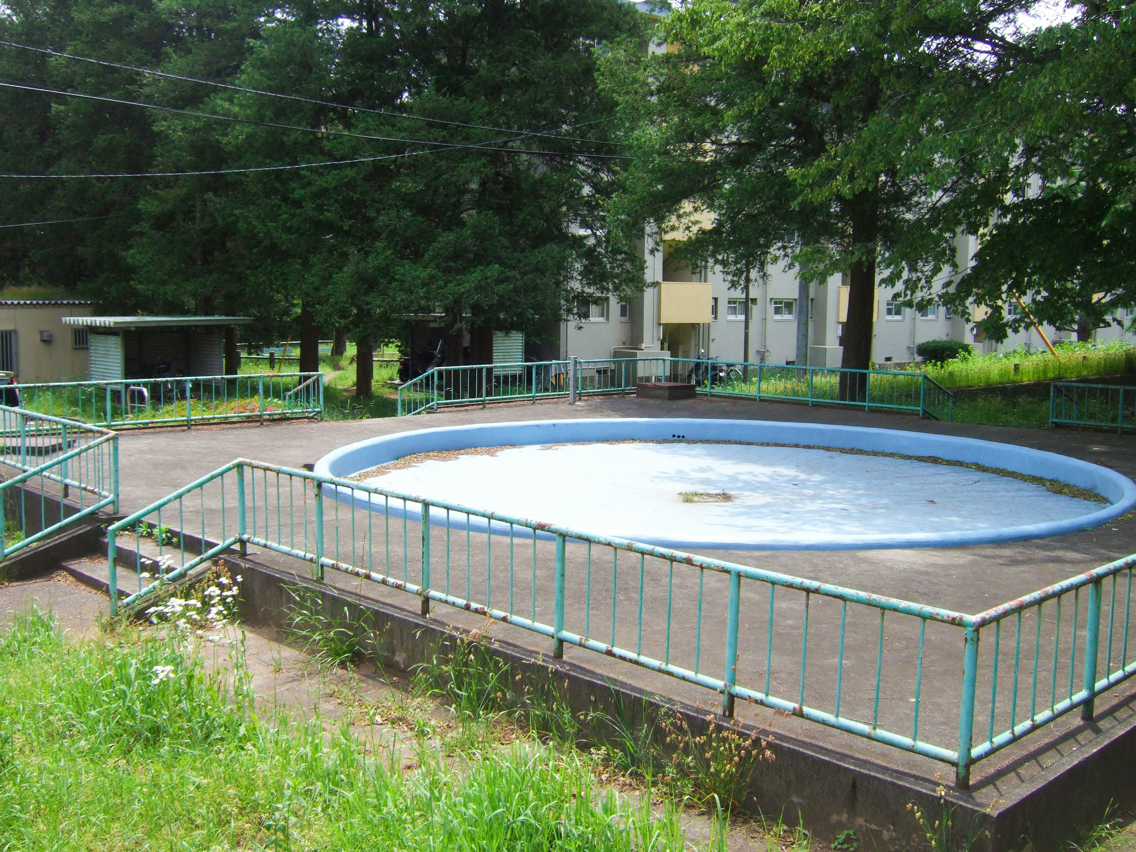 Pemandangan taman dengan kolam bulat biru dikelilingi rumput hijau dan pohon