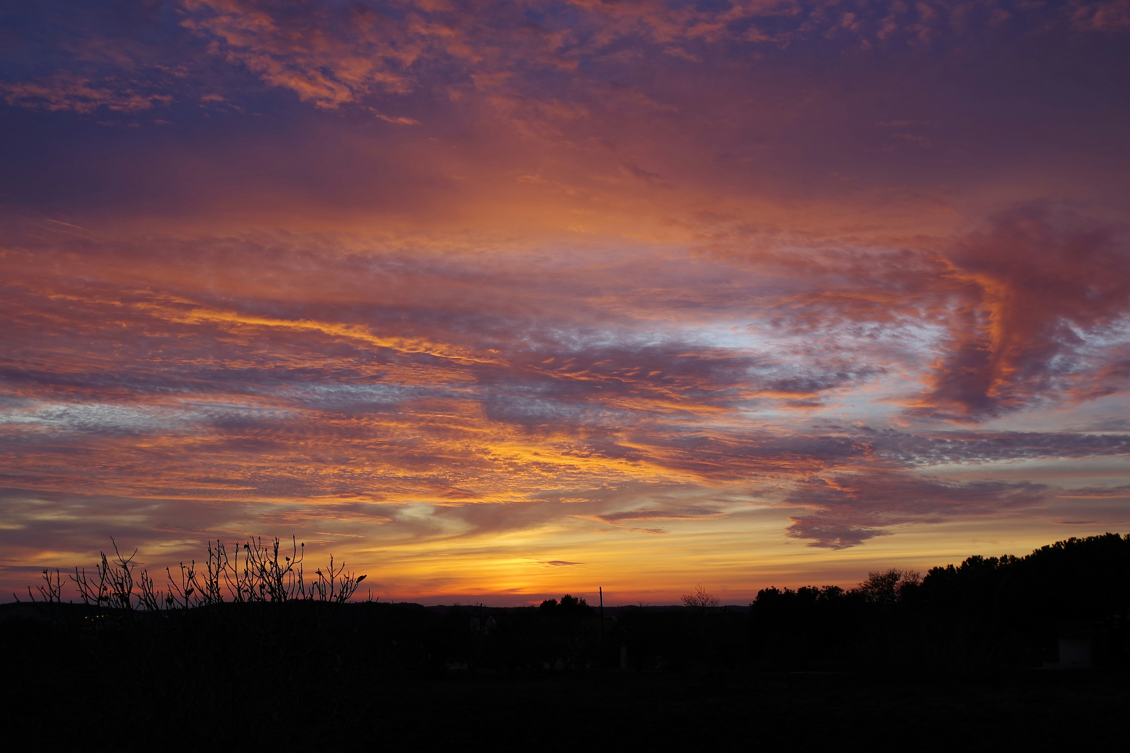 五彩繽紛的夕陽天空，充滿活力的雲彩在地平線上延展