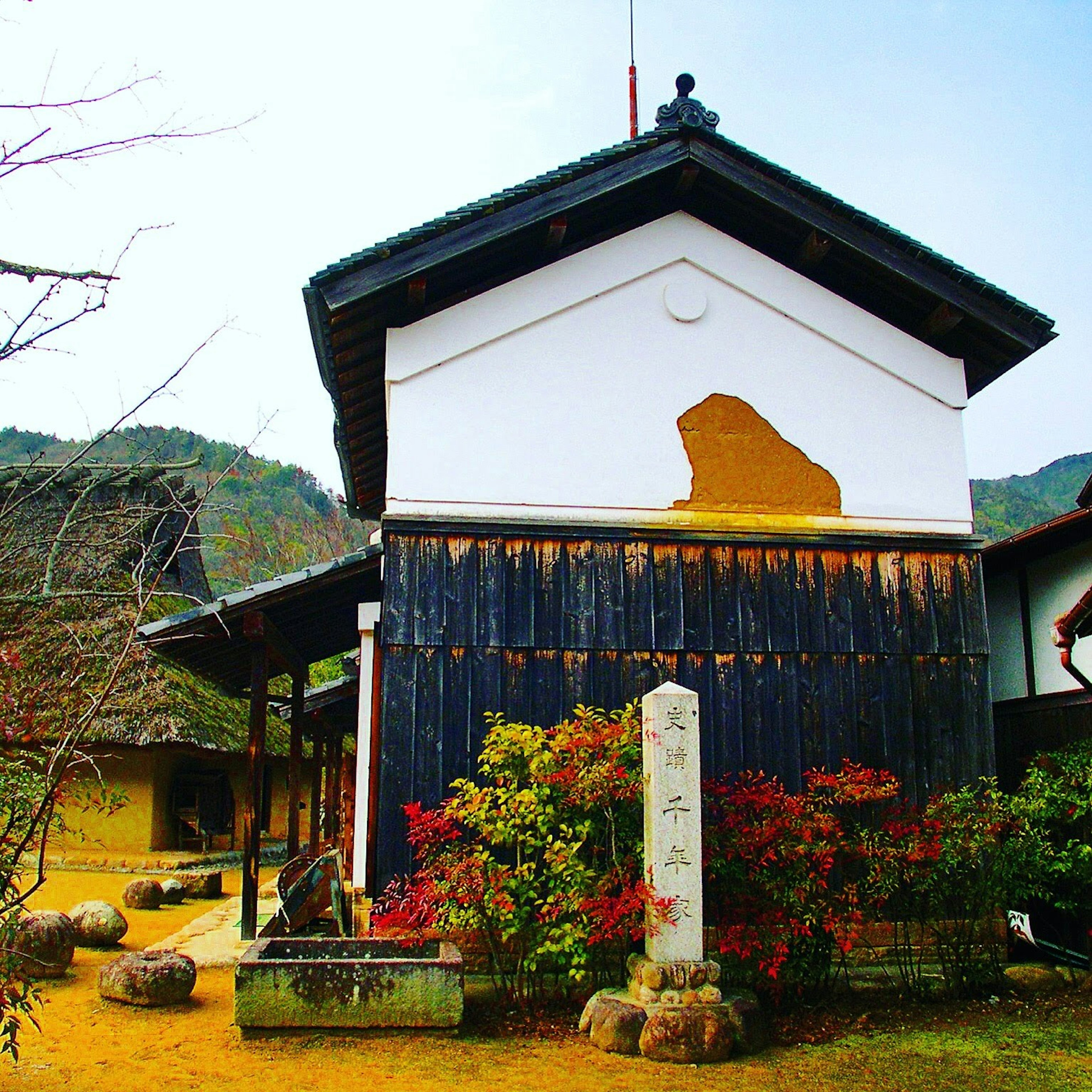 山の風景に囲まれた伝統的な日本の建物と美しい庭