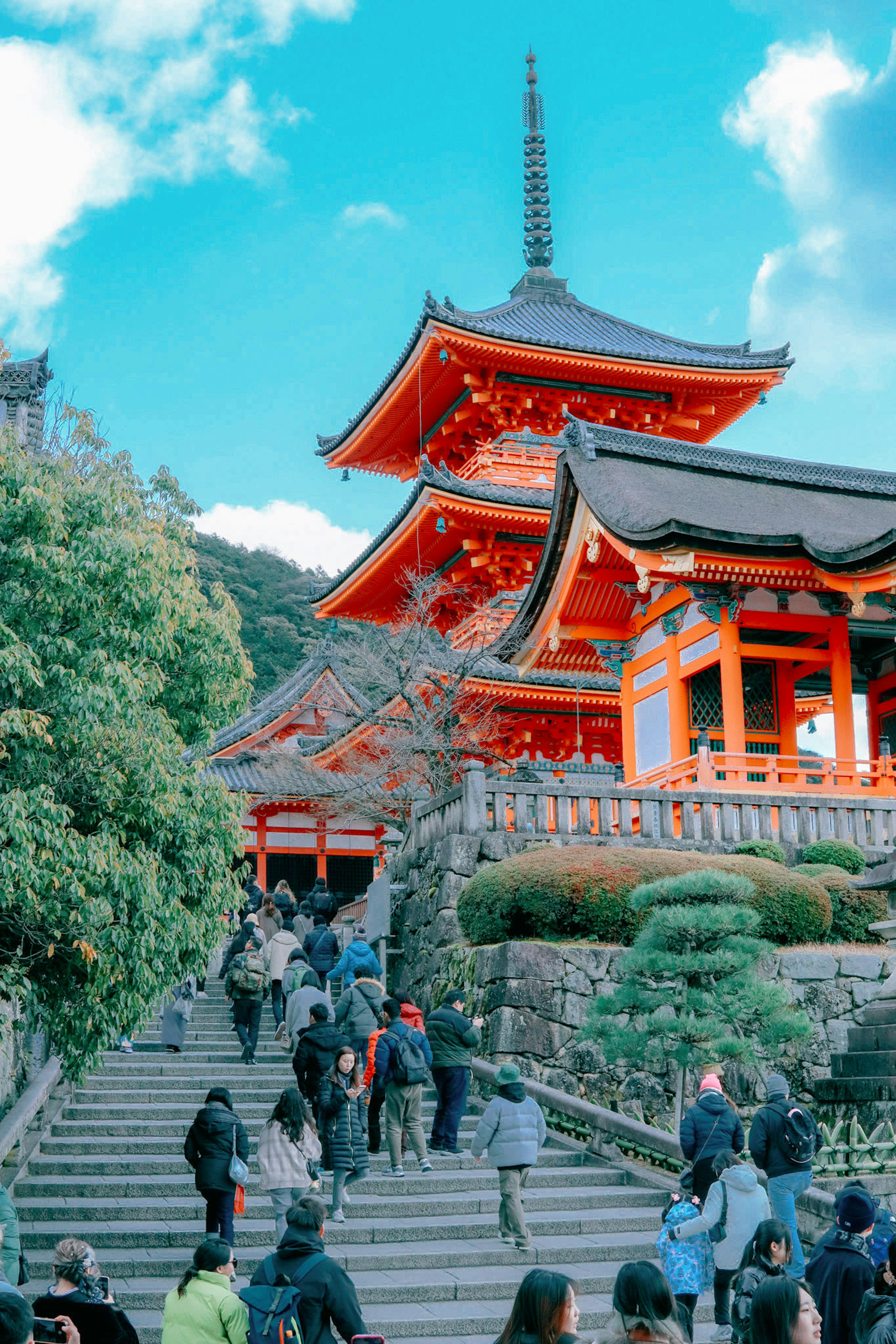 清水寺の赤い建物と観光客が階段を上っている風景