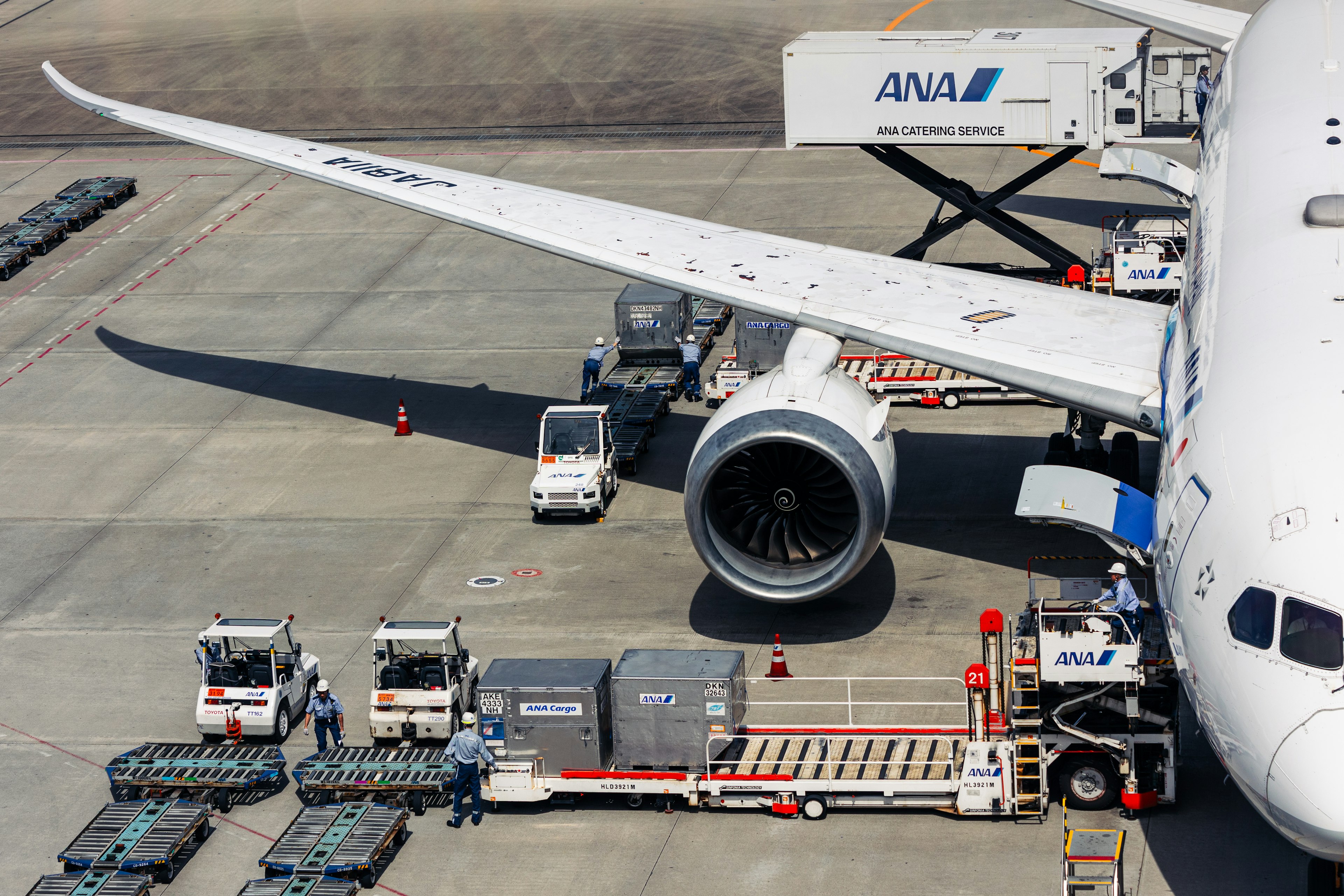 ANA cargo aircraft on the runway with cargo being loaded