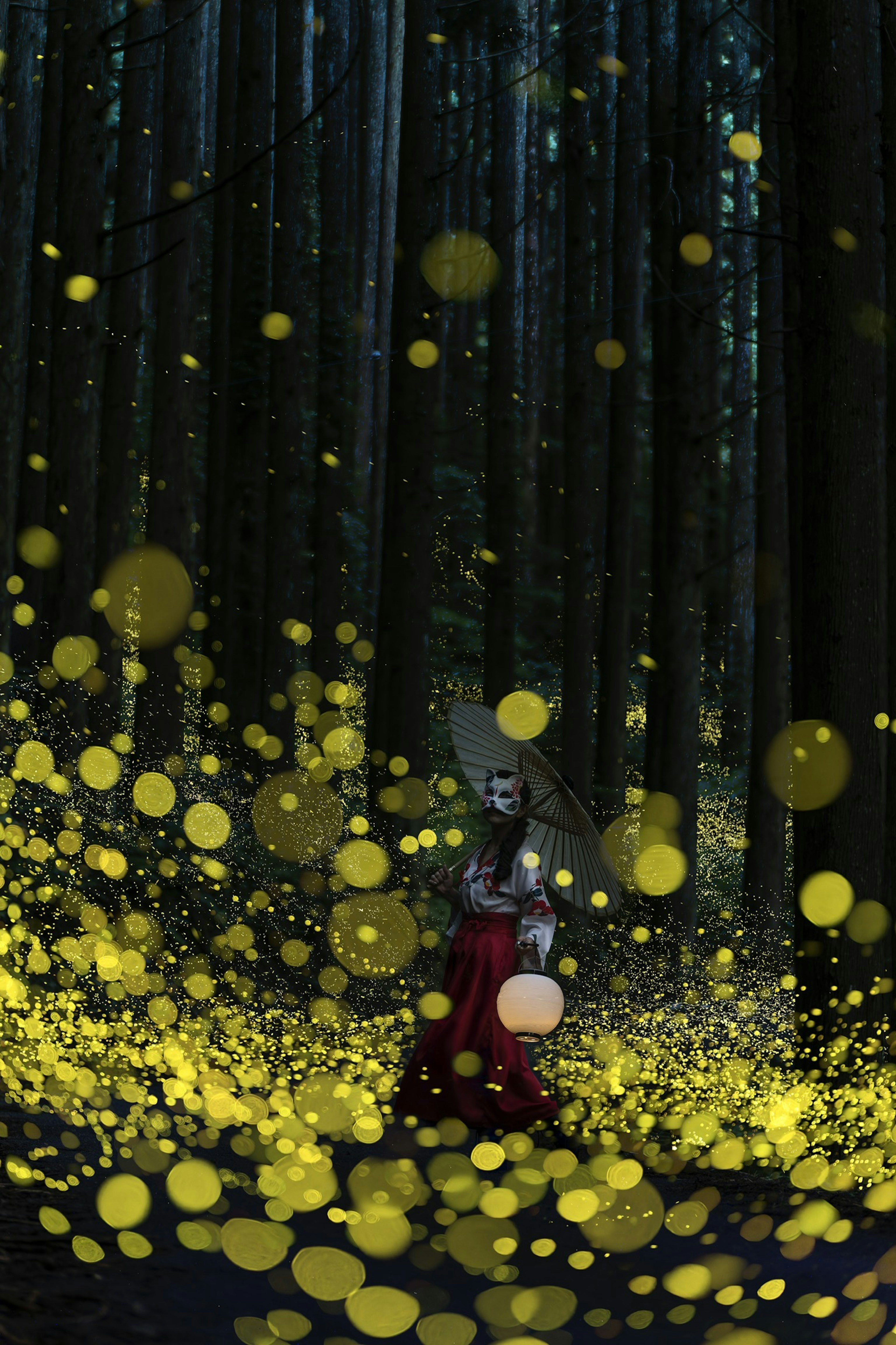 A figure in a red dress standing in a dark forest surrounded by swirling yellow lights