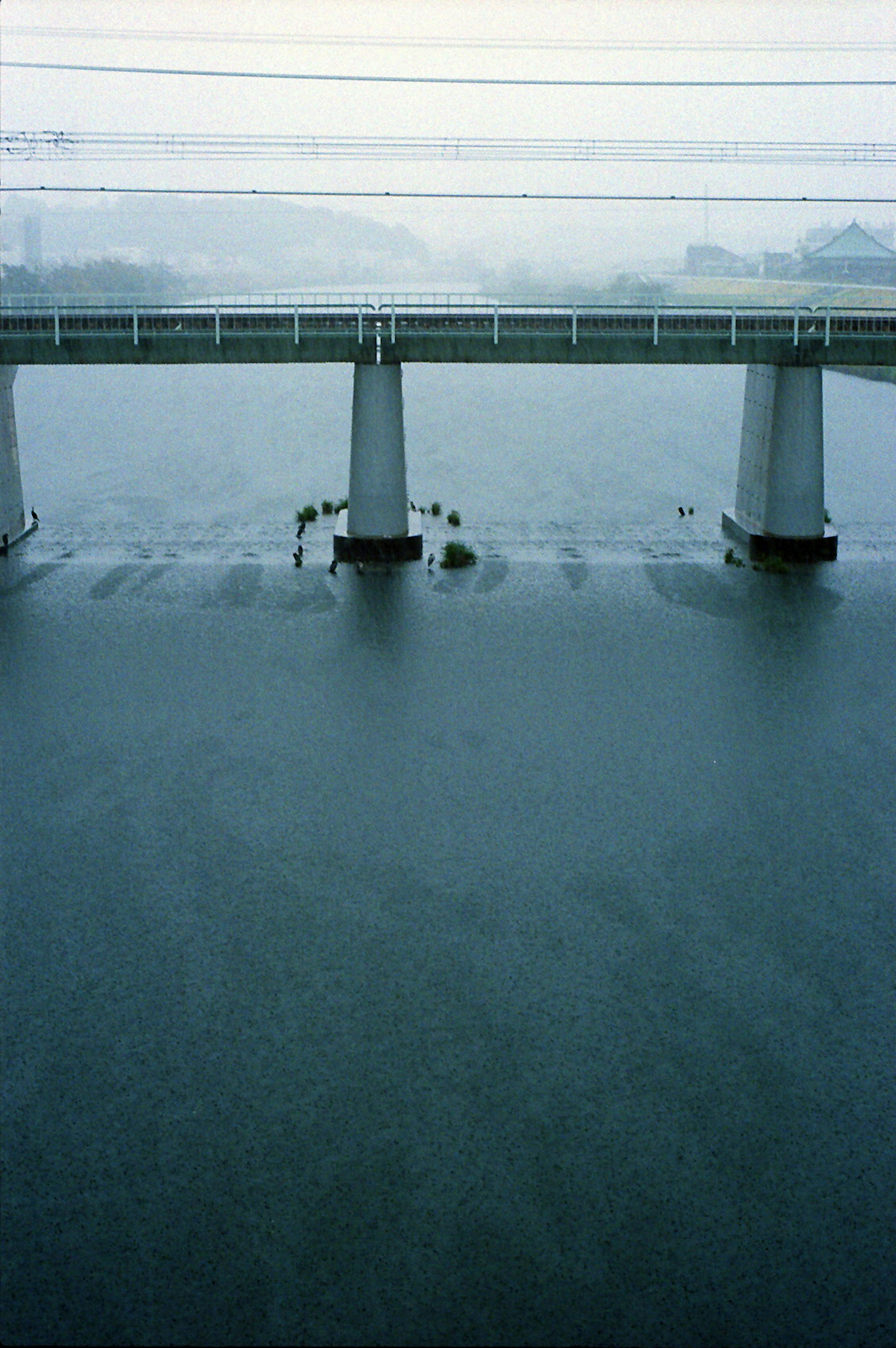 Ponte sopra una superficie d'acqua calma sotto la pioggia