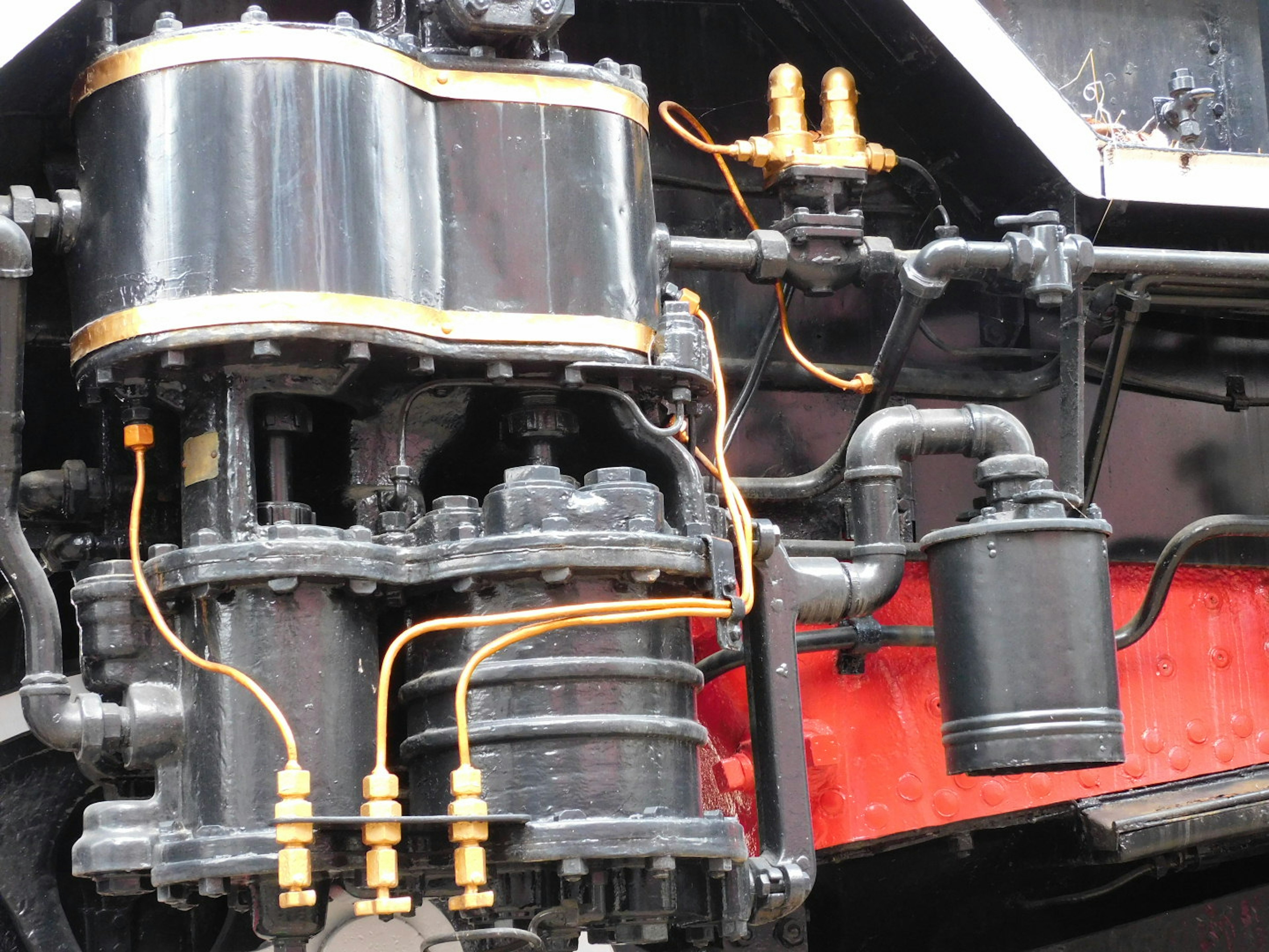 Detailed view of engine components and piping