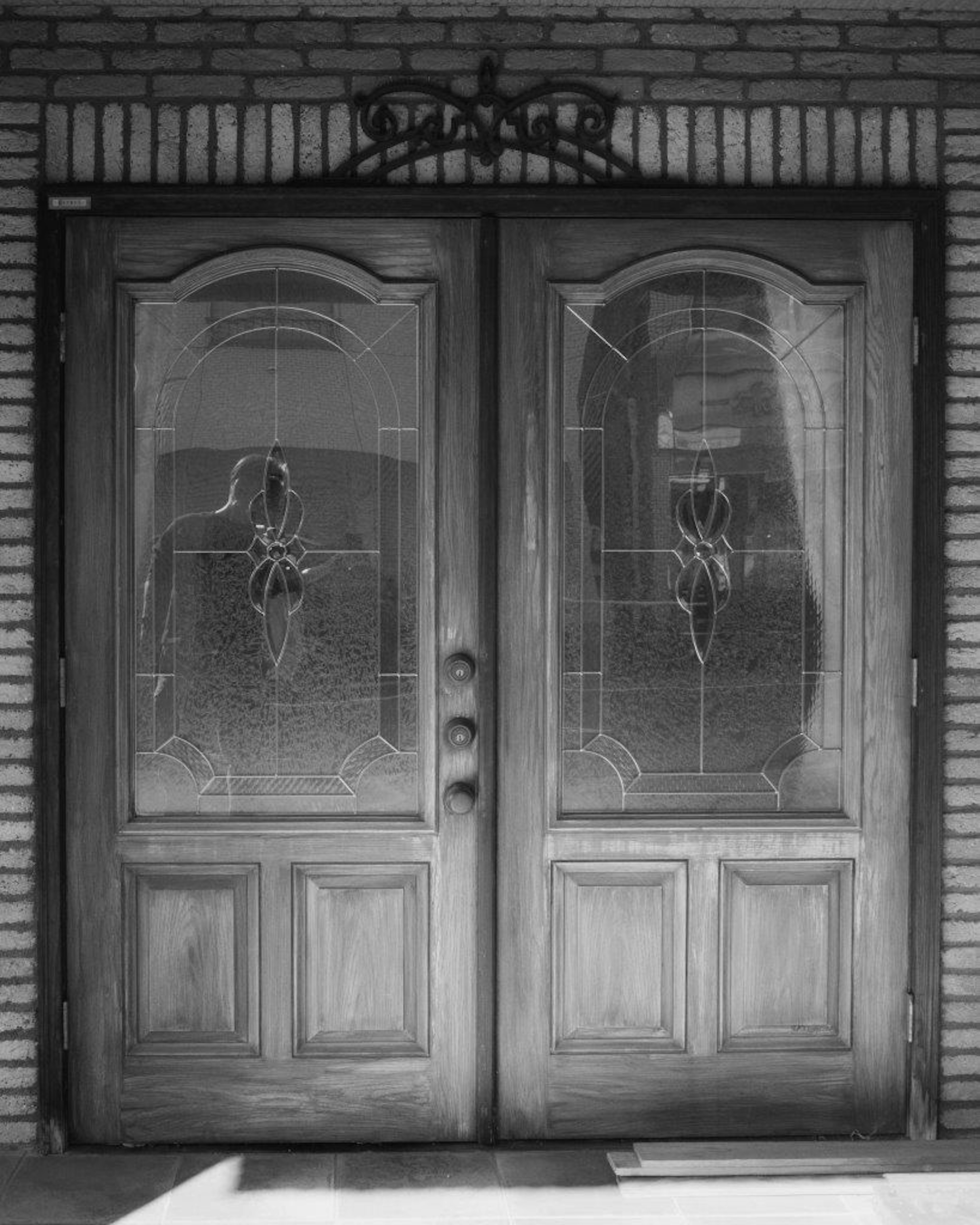 Portes doubles en bois noir et blanc avec des panneaux en verre décoratifs