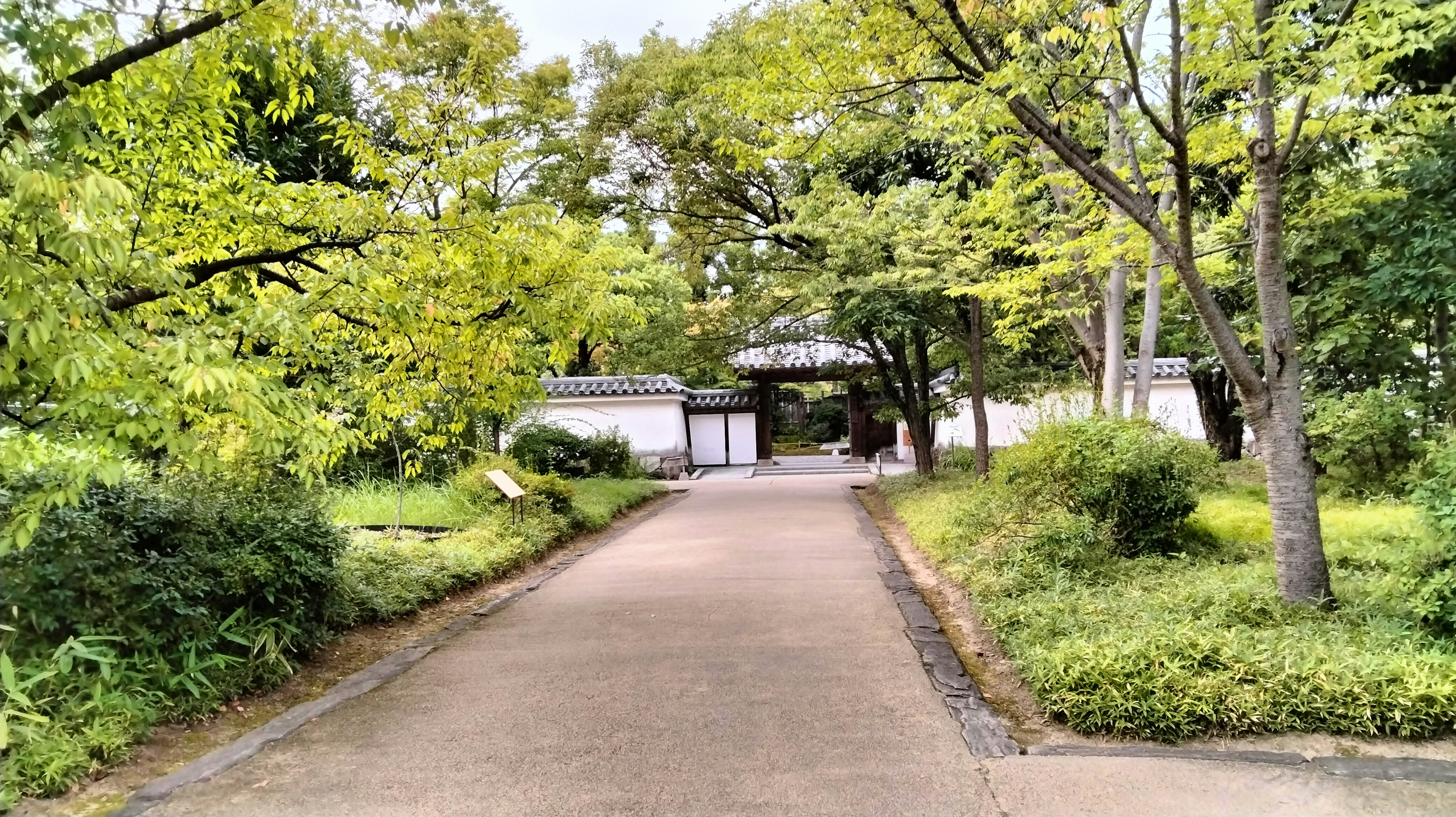 A serene pathway leads through lush greenery toward a white-walled structure