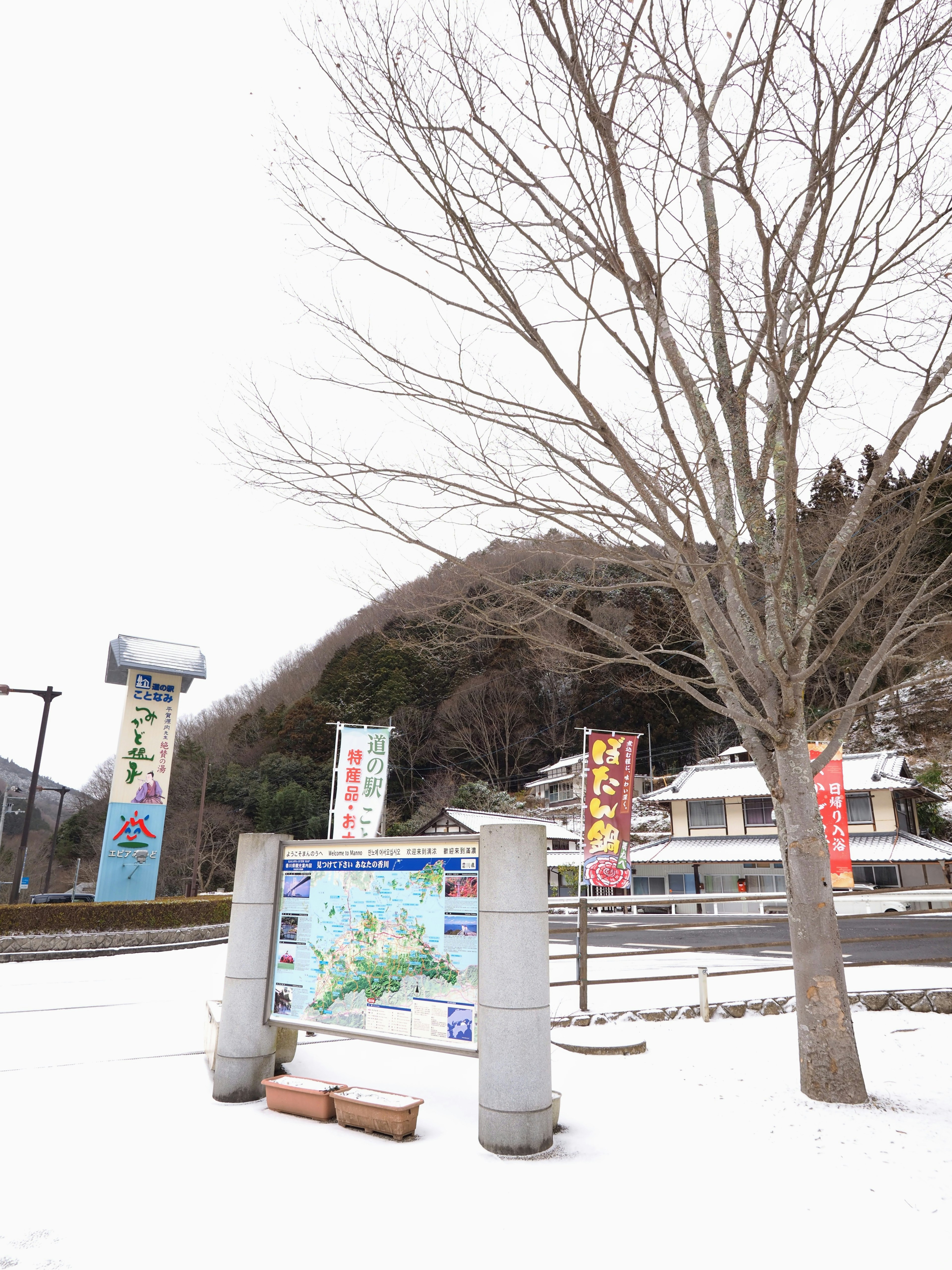 Winter landscape with a map sign and advertisements in the snow