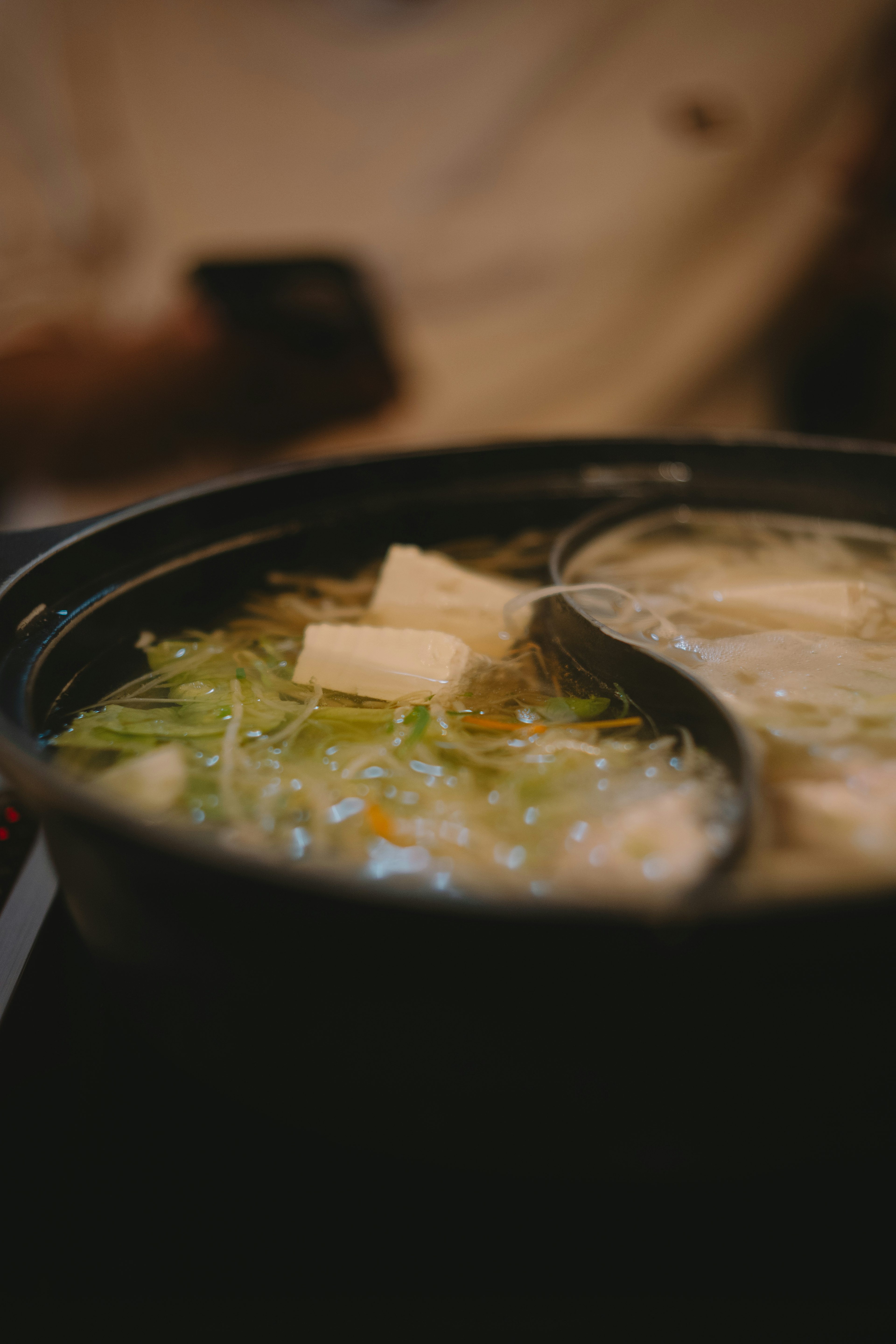 Una olla de sopa con tofu y verduras