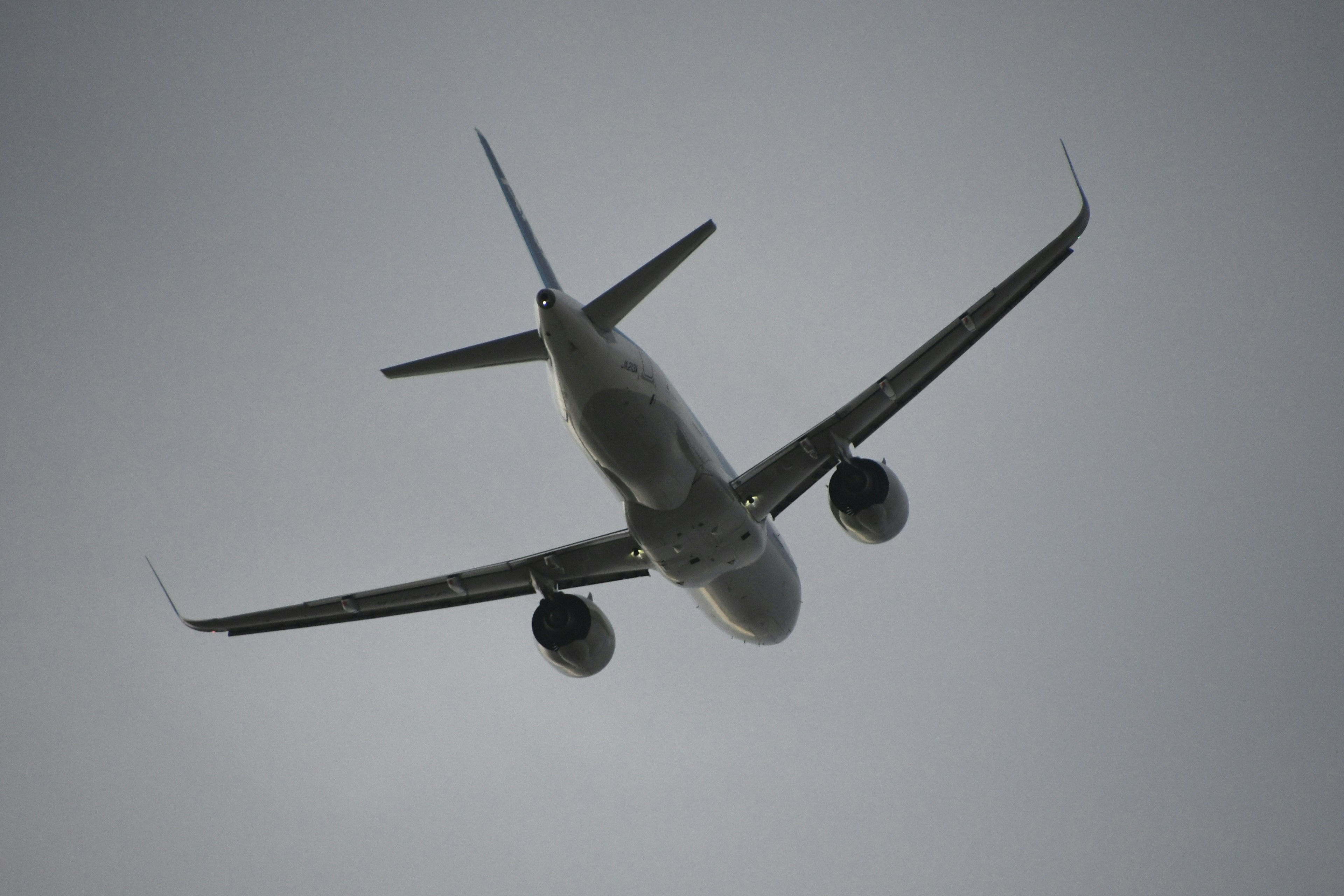 Airplane flying against a gray sky from below