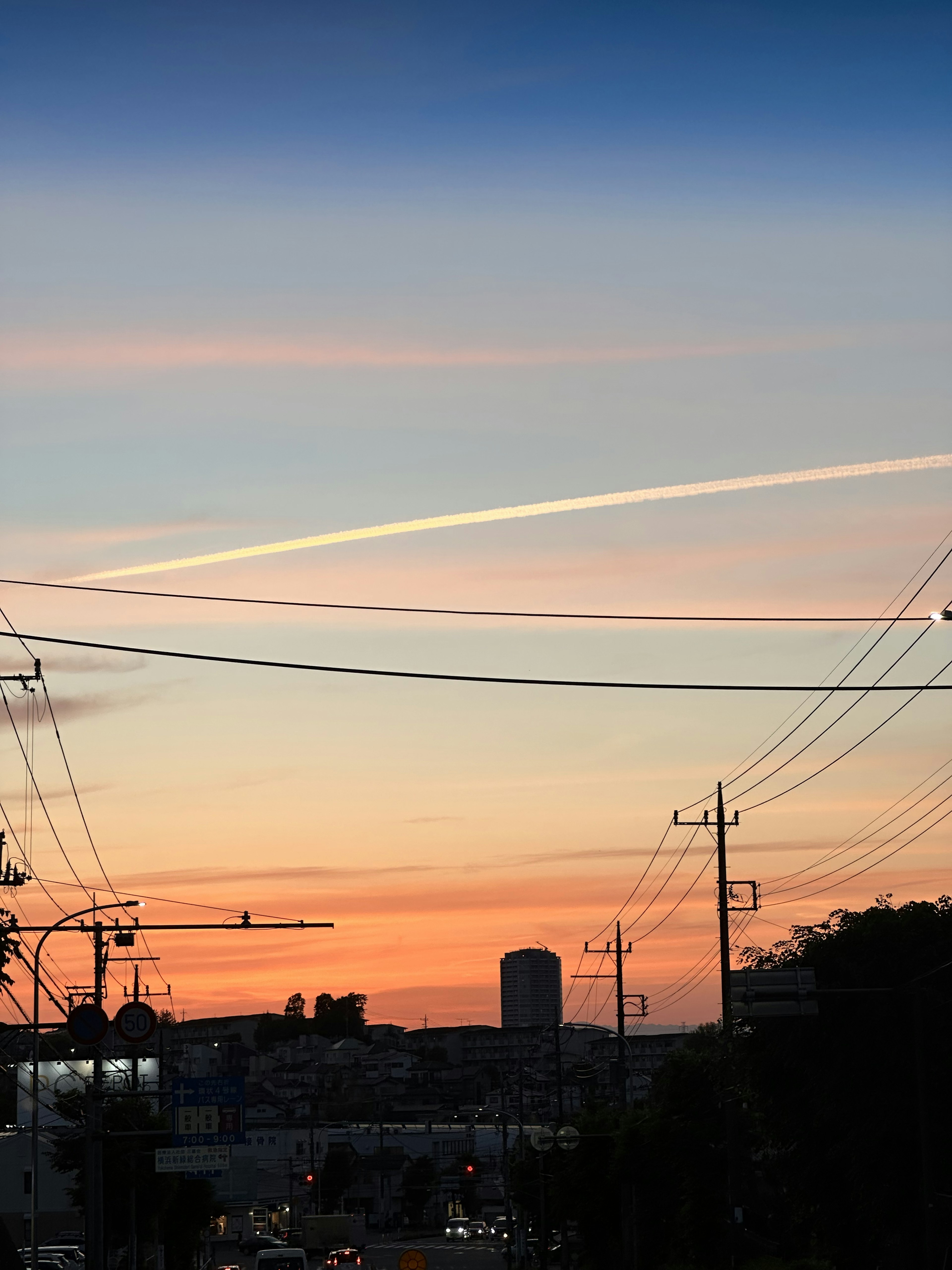 Cielo al atardecer con líneas eléctricas y un horizonte urbano