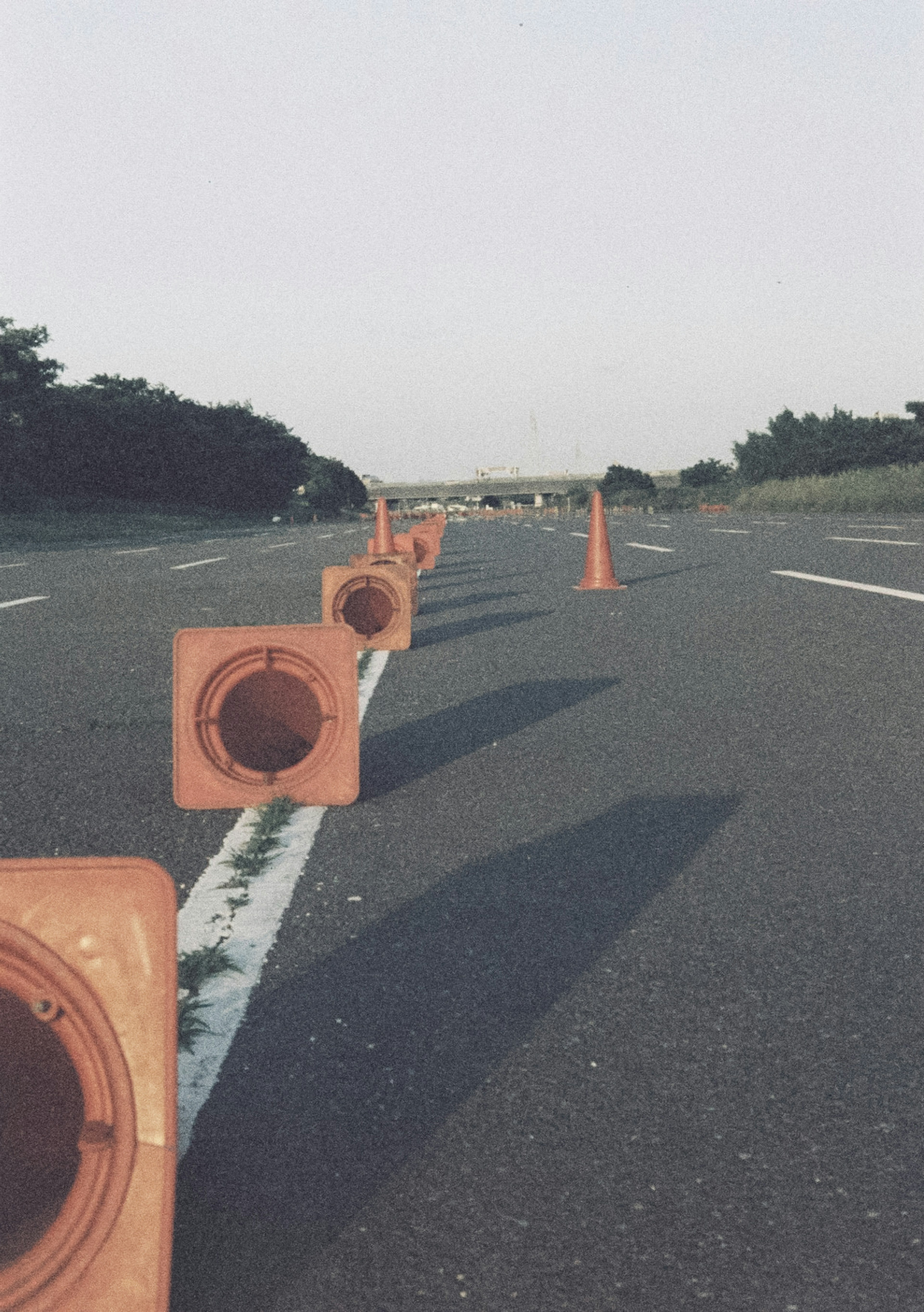 Orange traffic cones lined up on a road with shadows