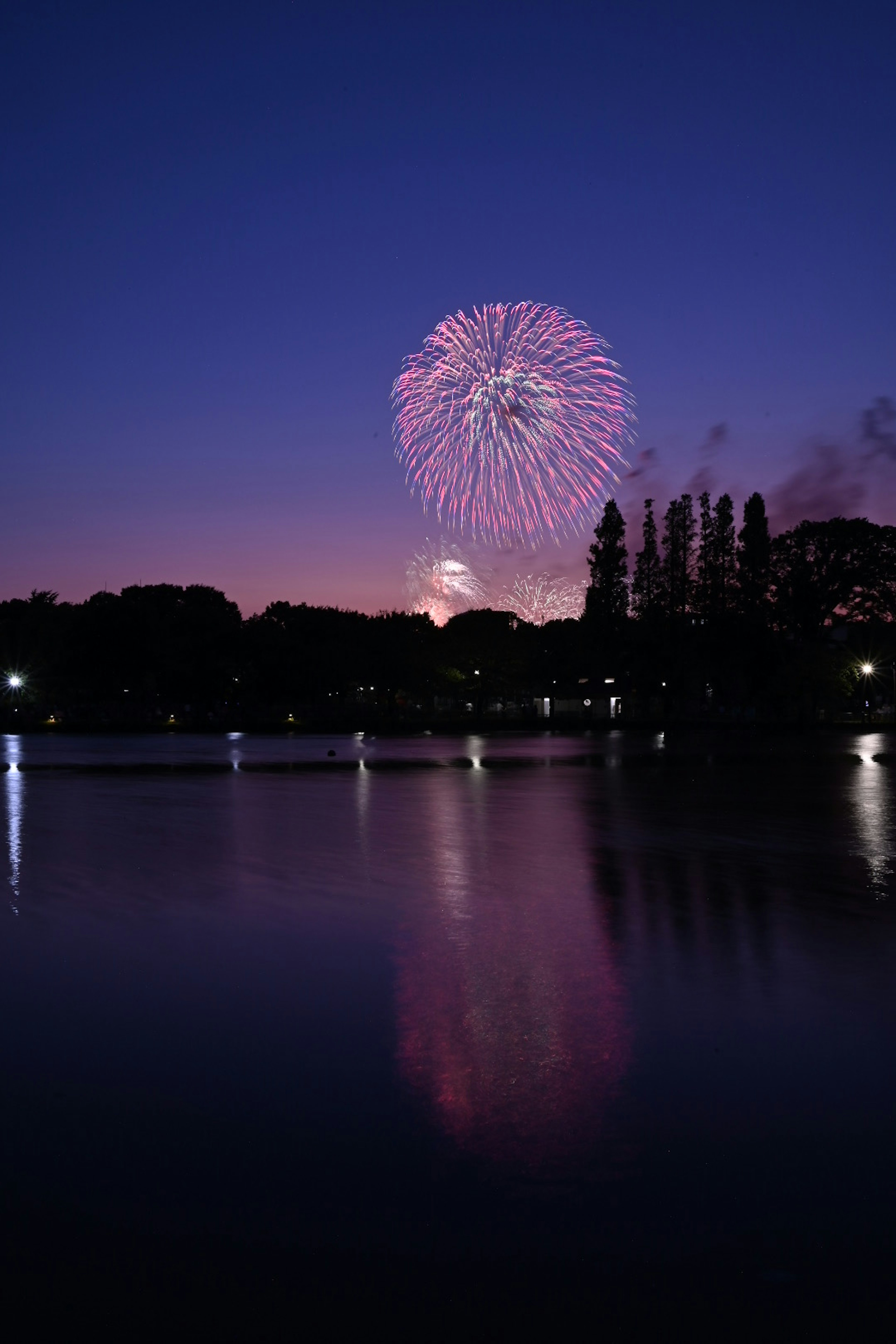 夜空に輝く花火と湖の反射が美しい風景