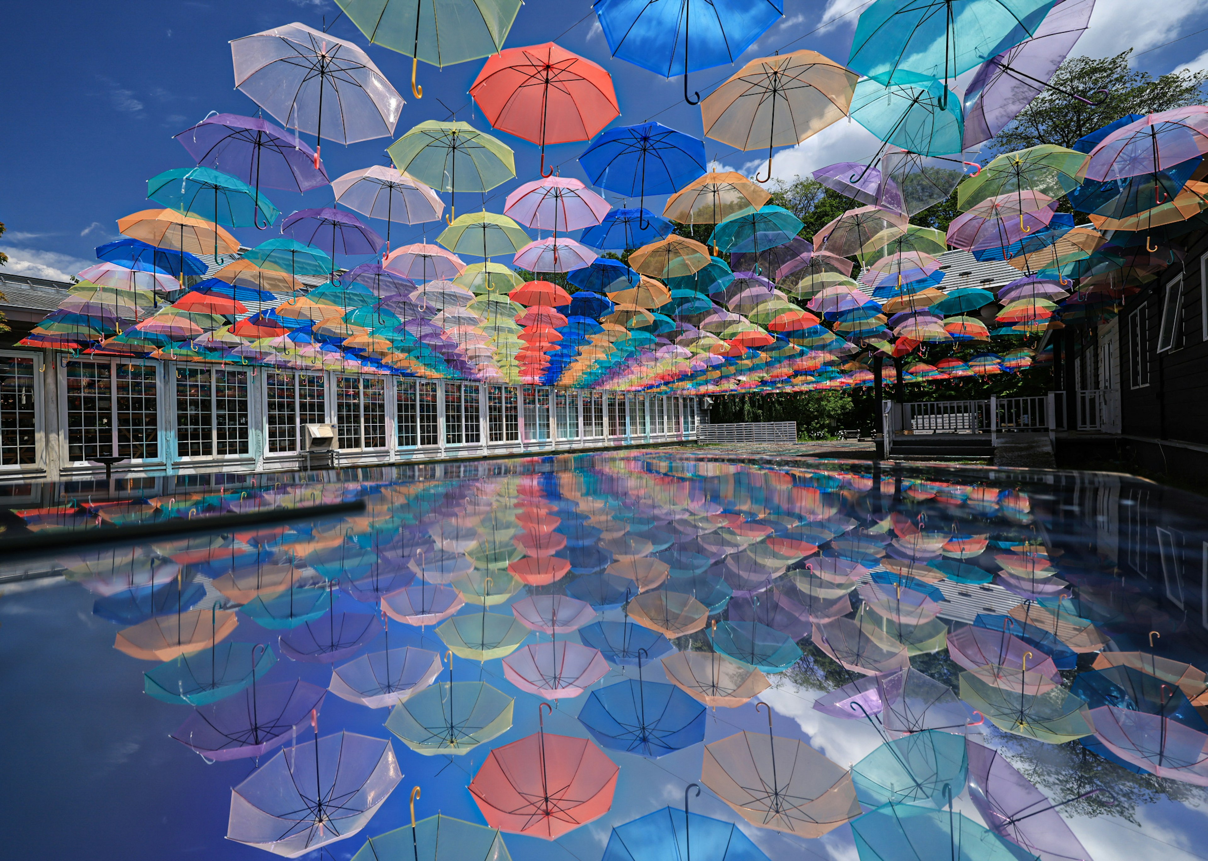 Des parapluies colorés flottent dans le ciel avec des reflets dans l'eau en dessous