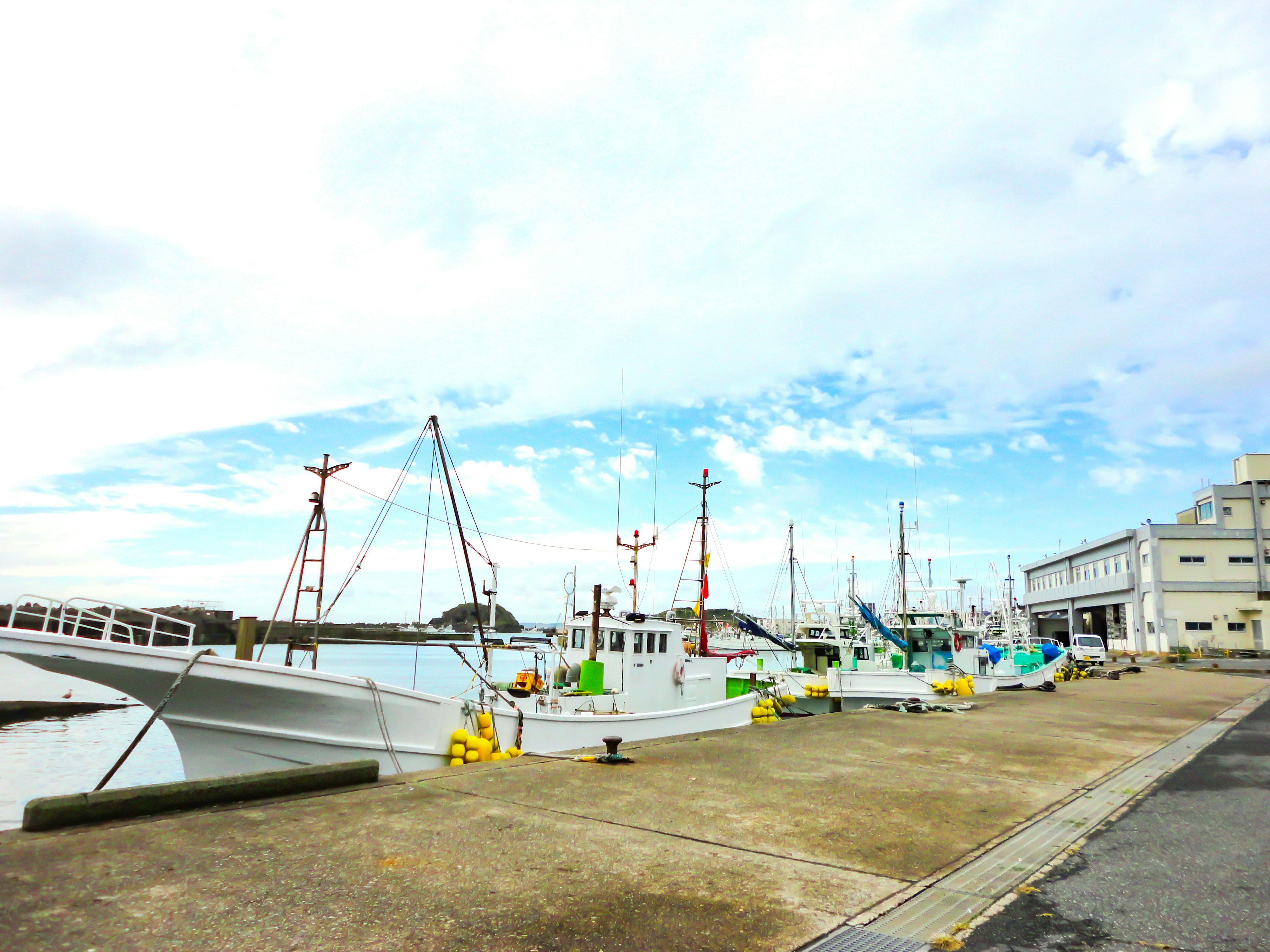 Fishing boats docked at a quiet harbor with blue sky