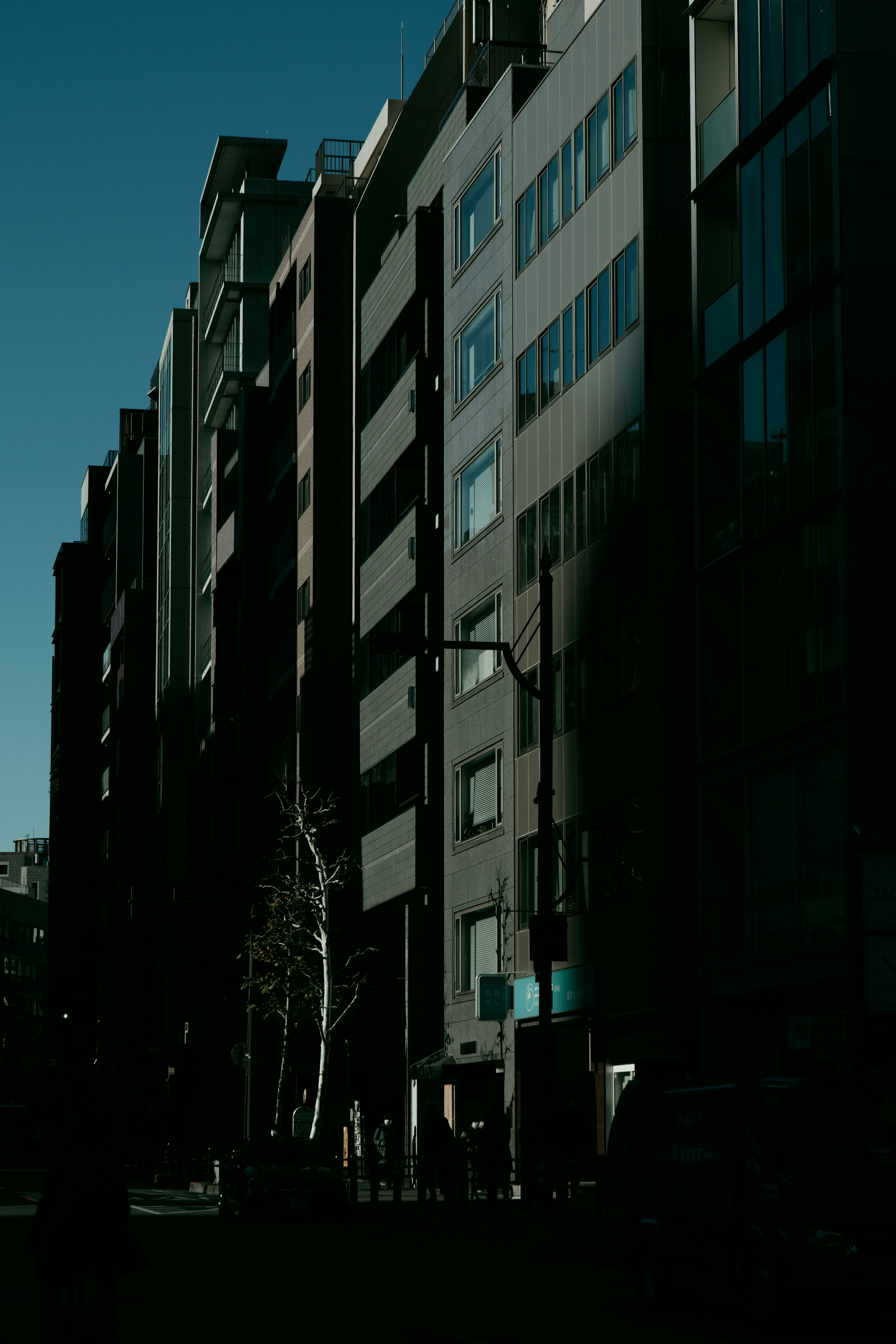 Modern buildings lining a dimly lit street