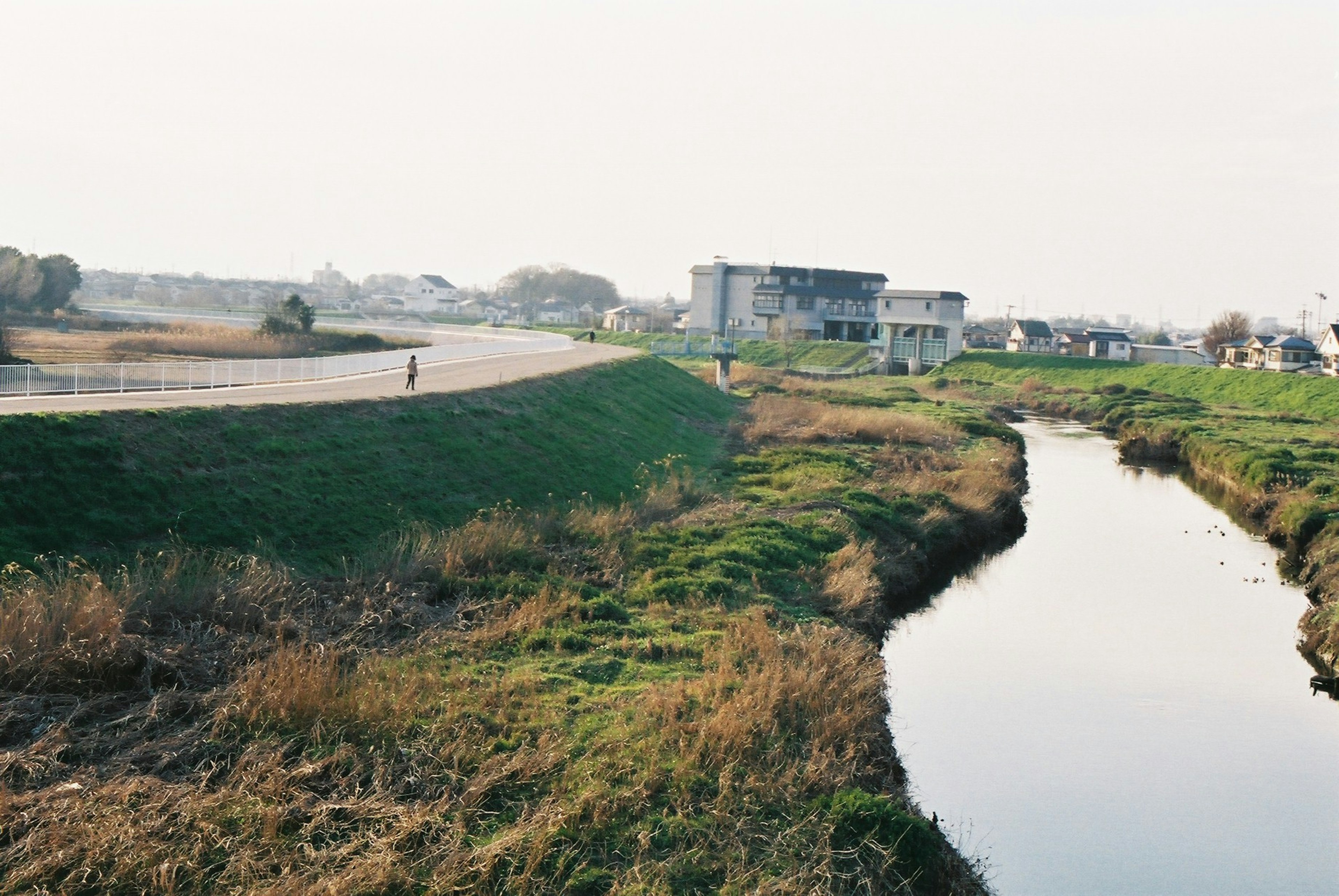 川と草地が広がる風景に建物が見える