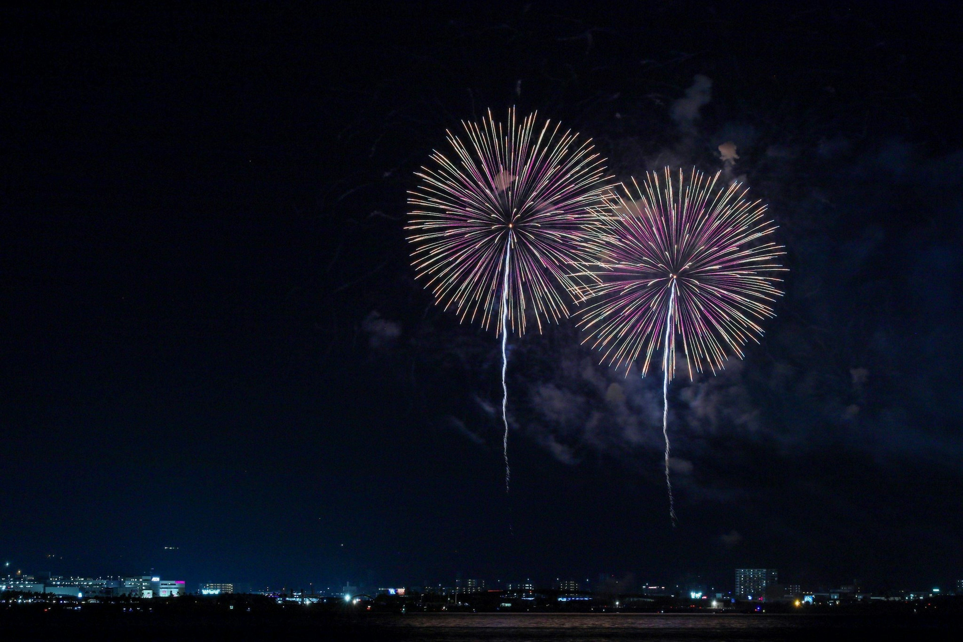 Due grandi fuochi d'artificio che esplodono nel cielo notturno