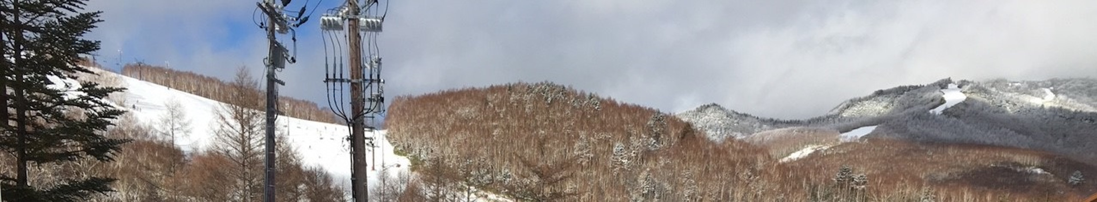 Schneebedeckte Berge mit kahlen Bäumen im Vordergrund