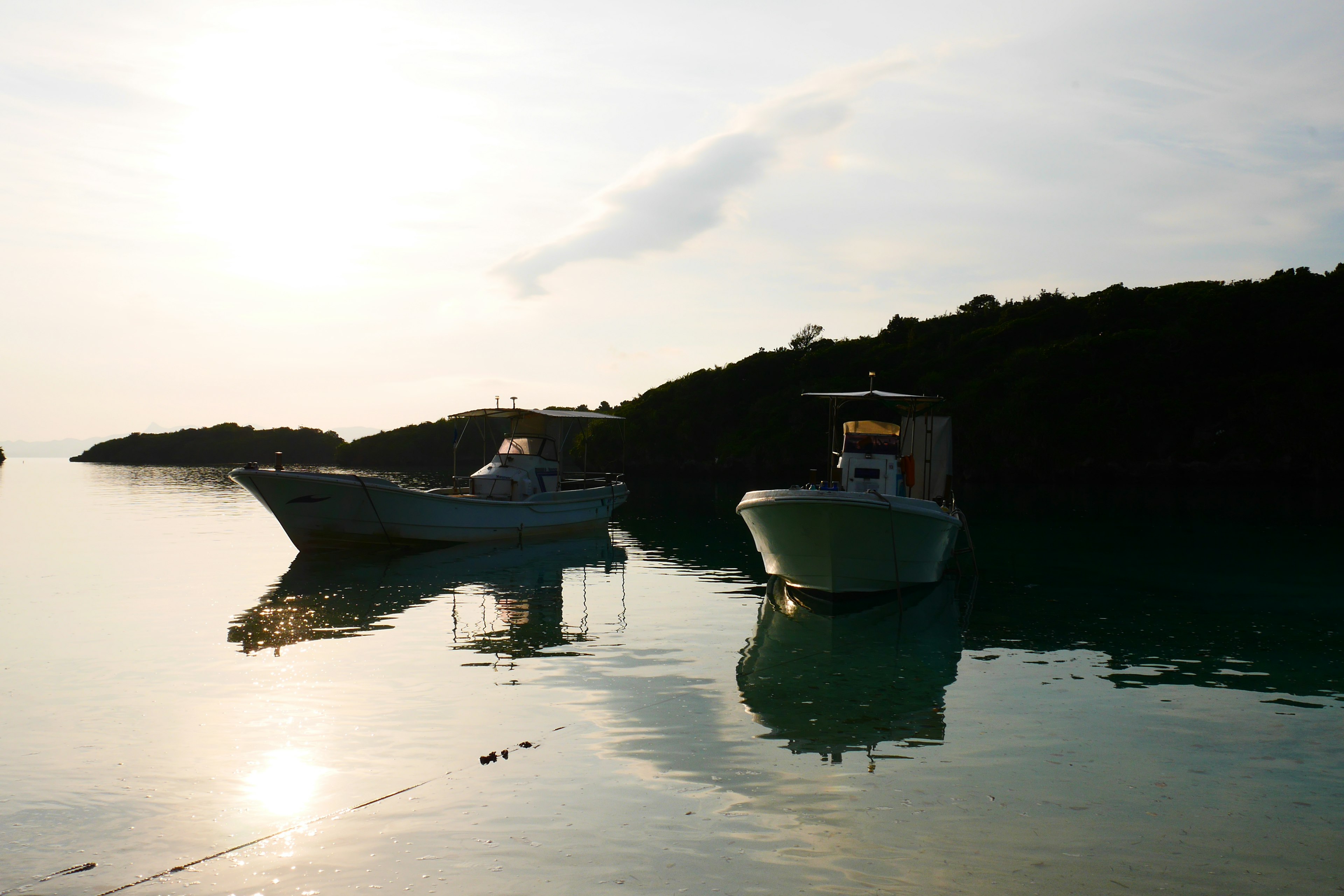 Two boats floating on a calm water surface with a serene natural landscape