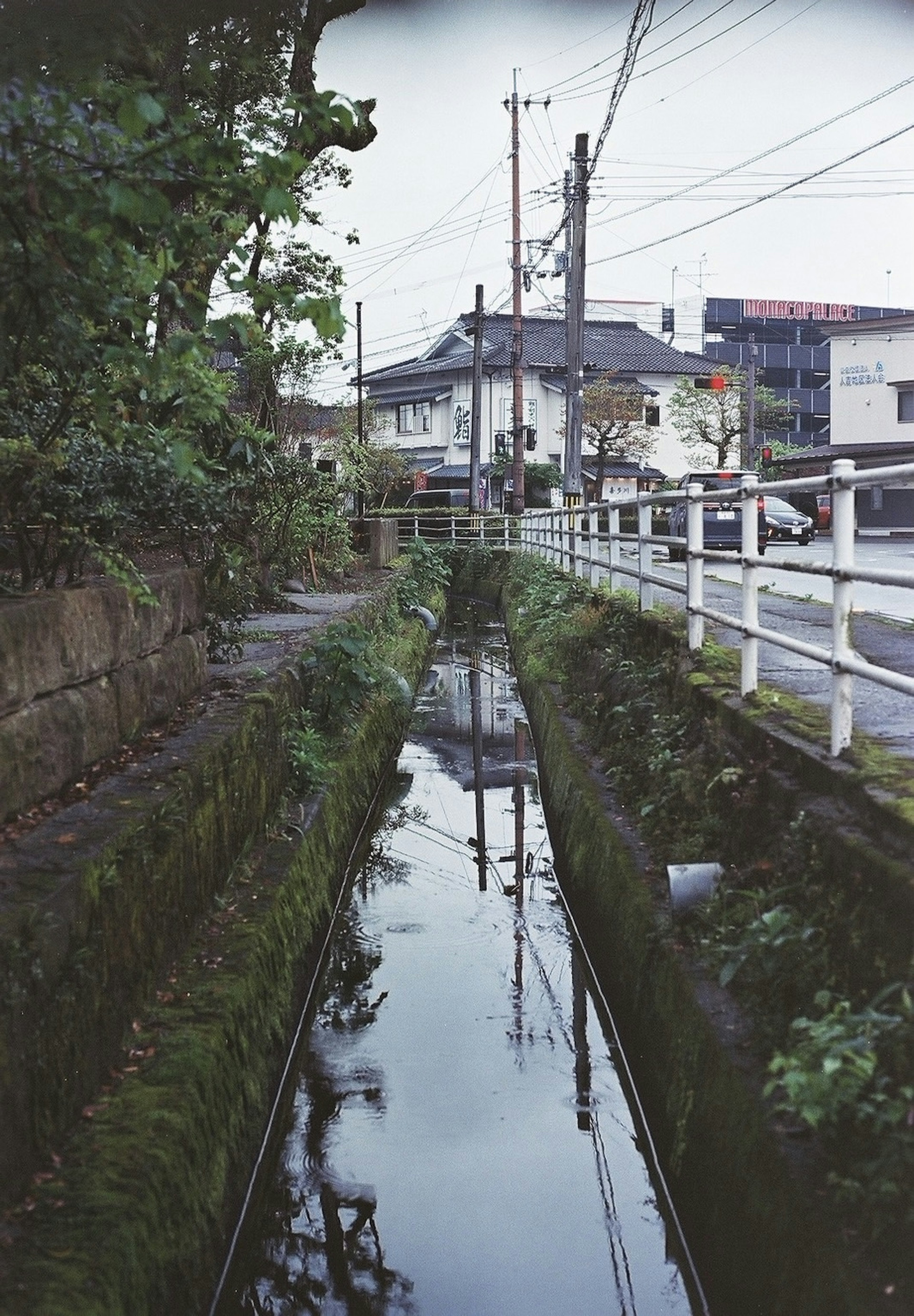 狭窄水道反射周围房屋和树木