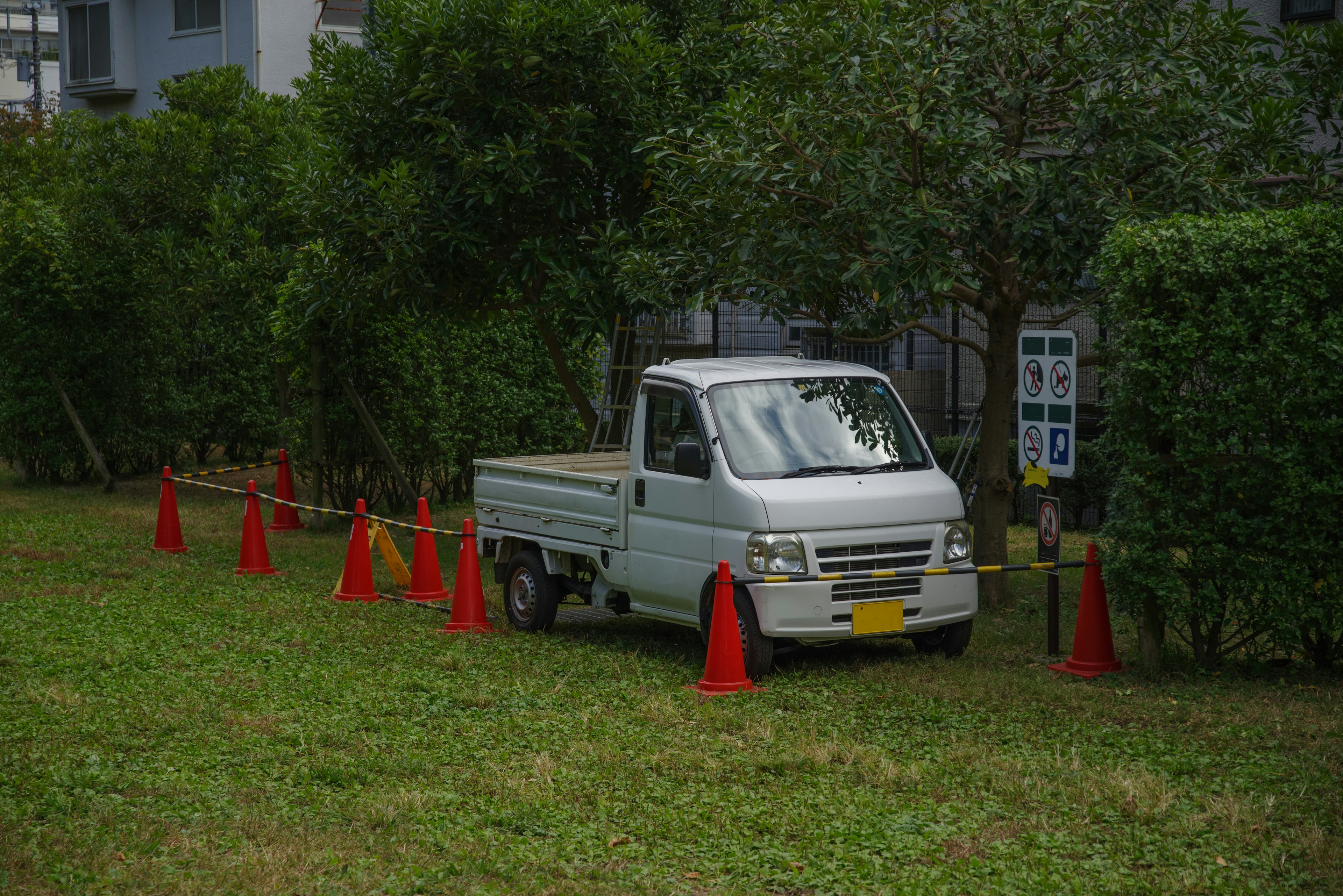 Truk kecil diparkir di rumput hijau dikelilingi oleh kerucut merah