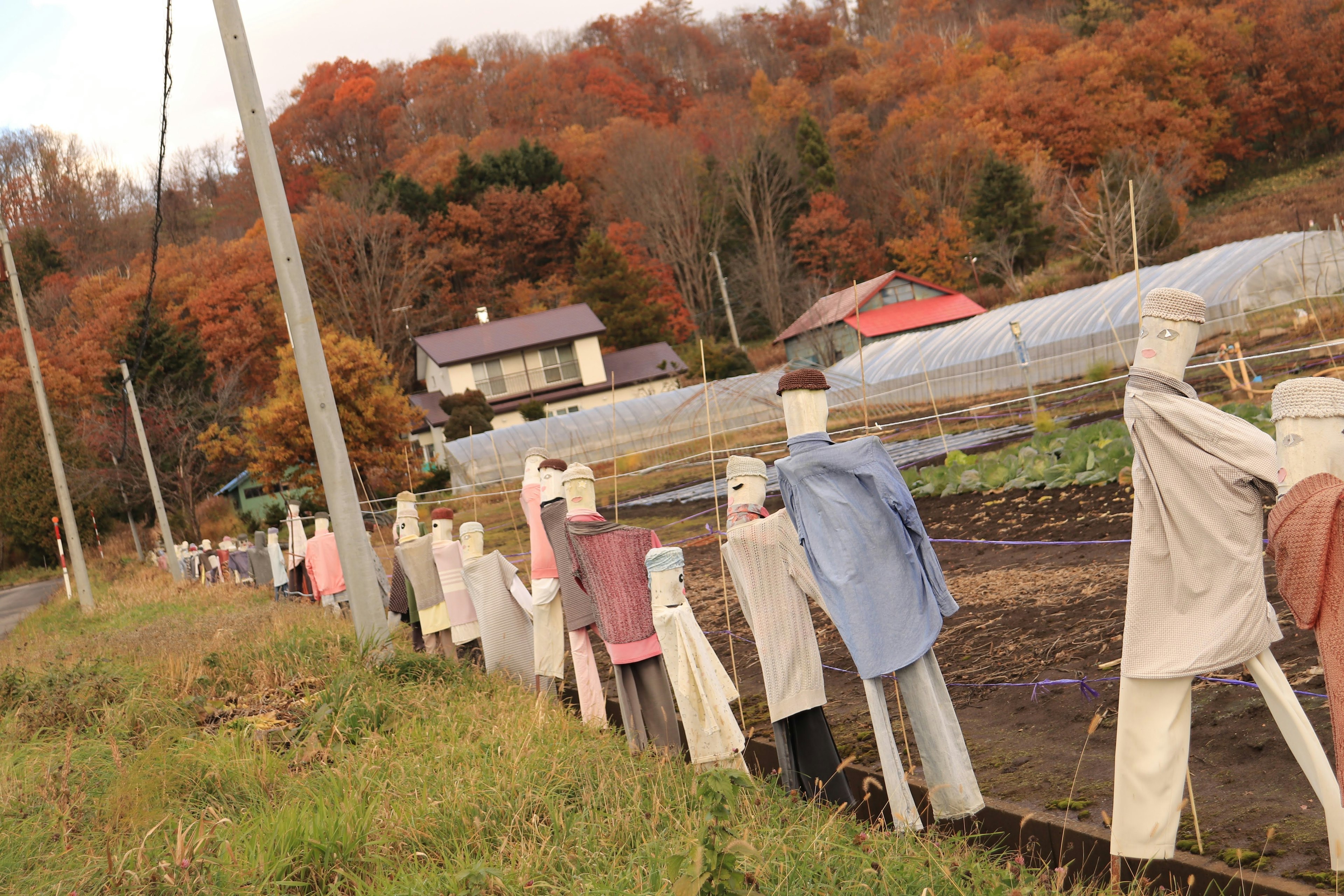 Una fila de espantapájaros vestidos de varios colores en un paisaje rural de otoño