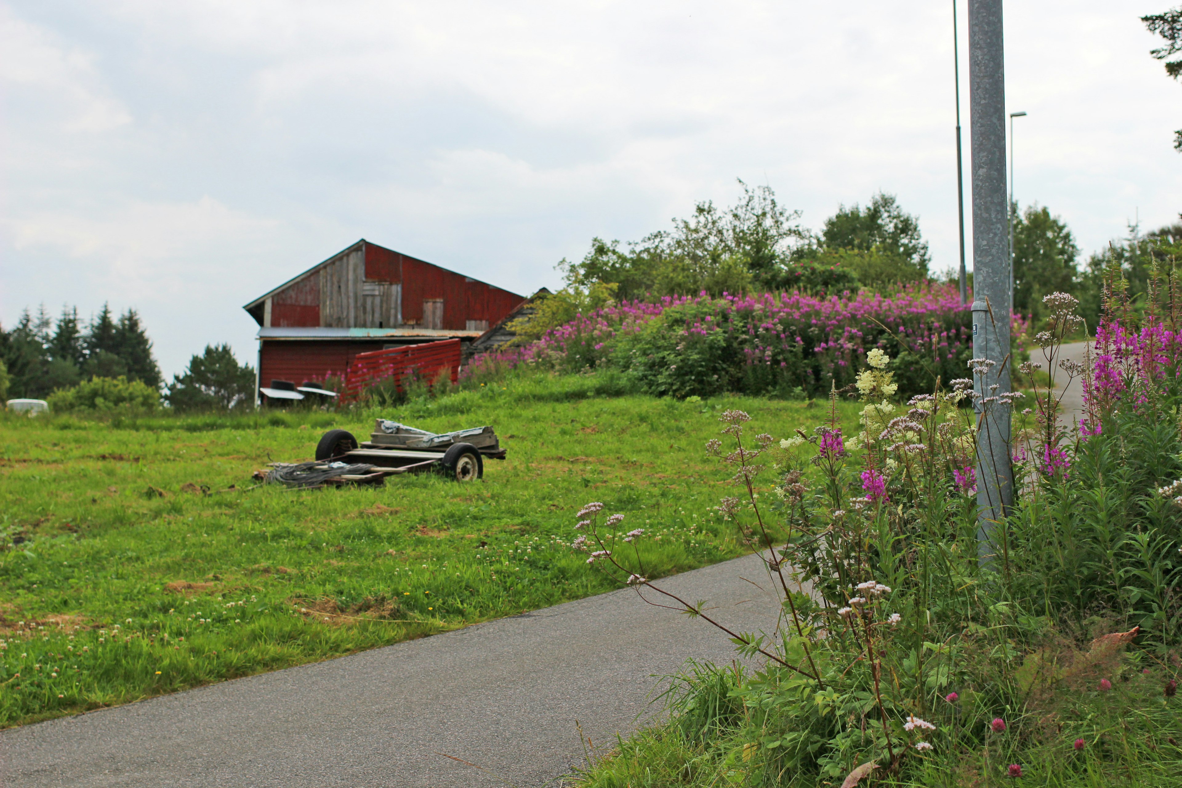 Red farmhouse with blooming flowers in green landscape