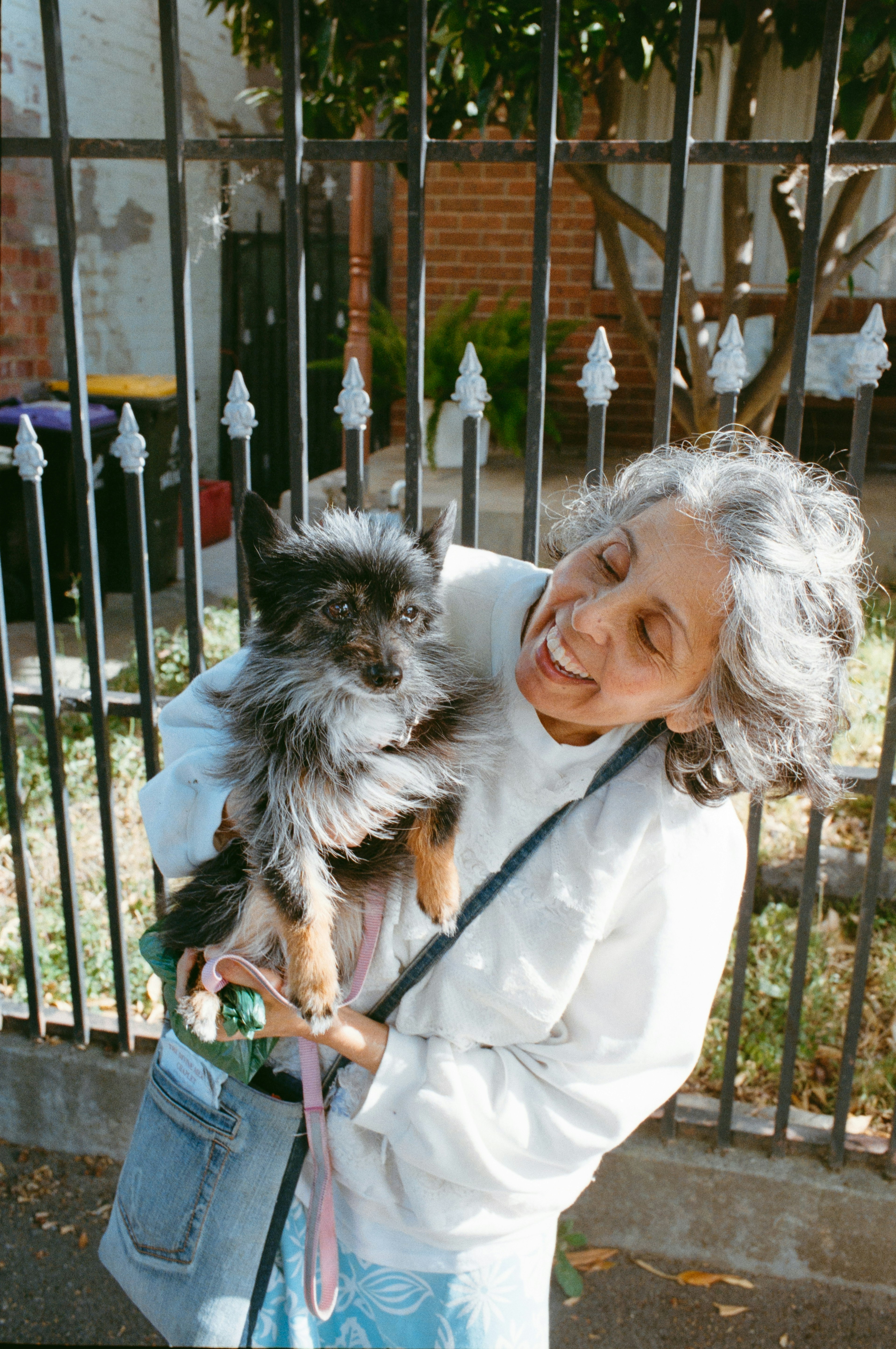 Una donna anziana che tiene in braccio un piccolo cane con un sorriso guardando affettuosamente l'animale Sullo sfondo si vedono una recinzione e della vegetazione