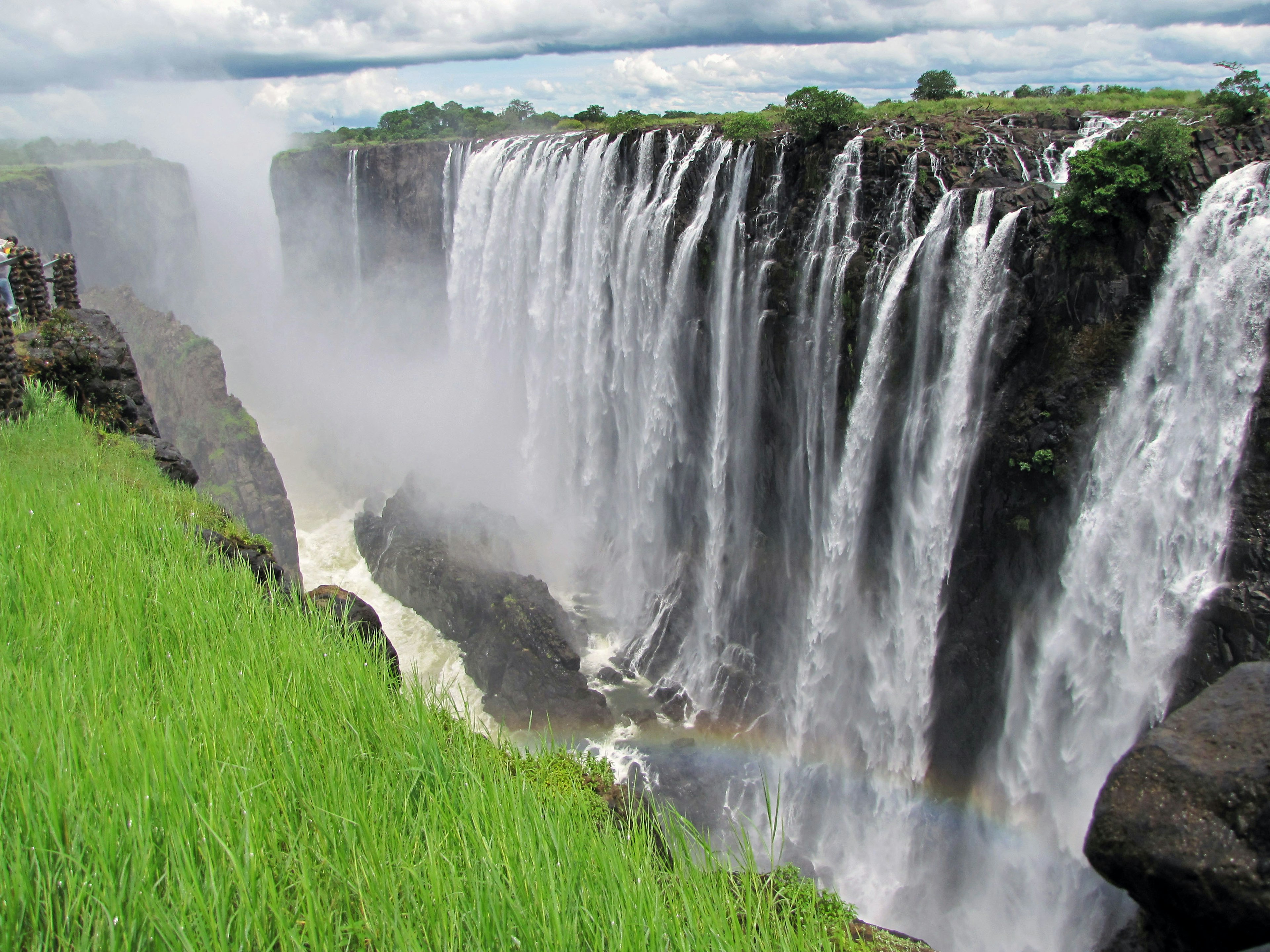 Cascata maestosa con erba verde in primo piano