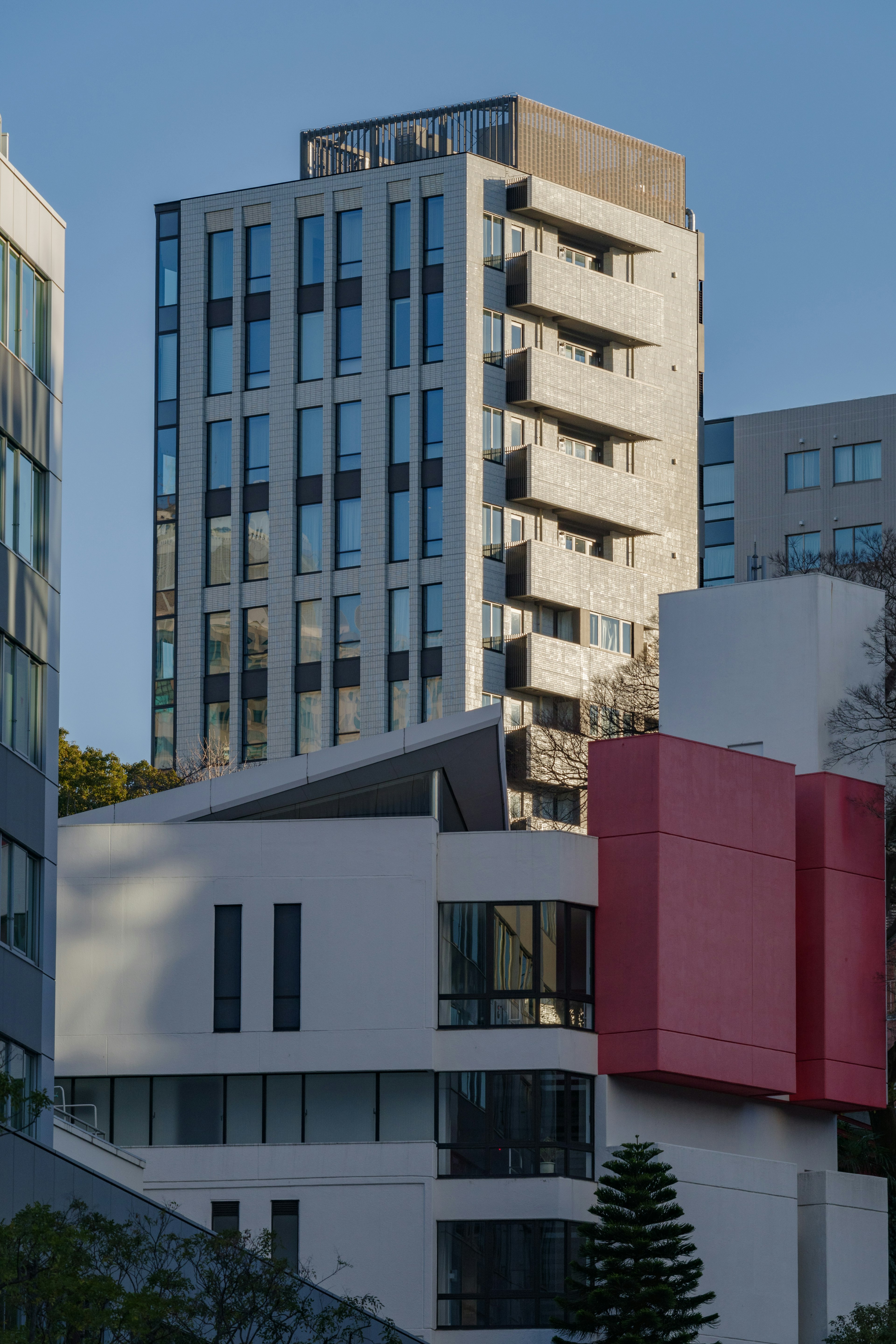 Scene featuring modern buildings with unique architectural designs