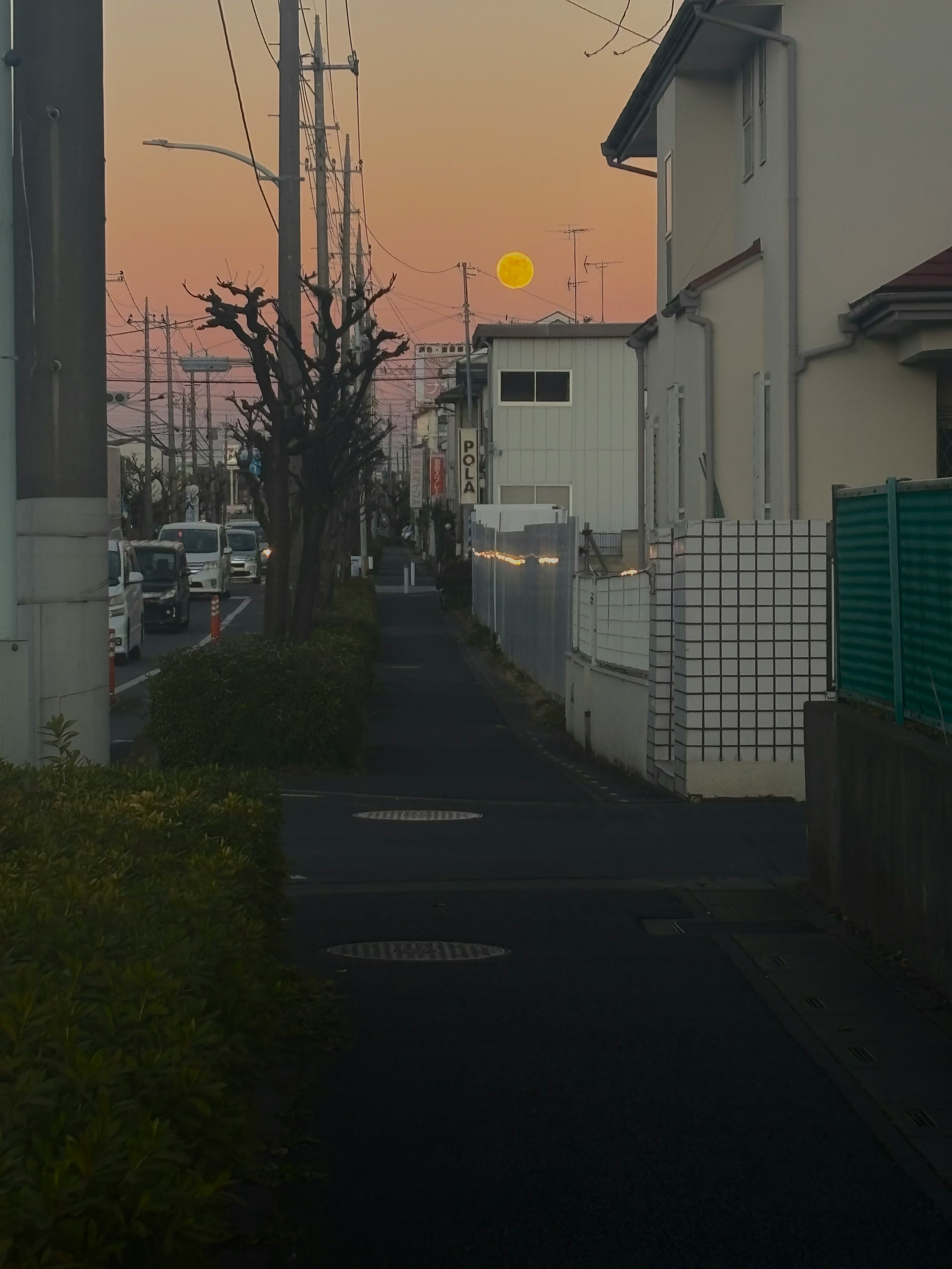 夕焼け空に浮かぶ満月と静かな街並み