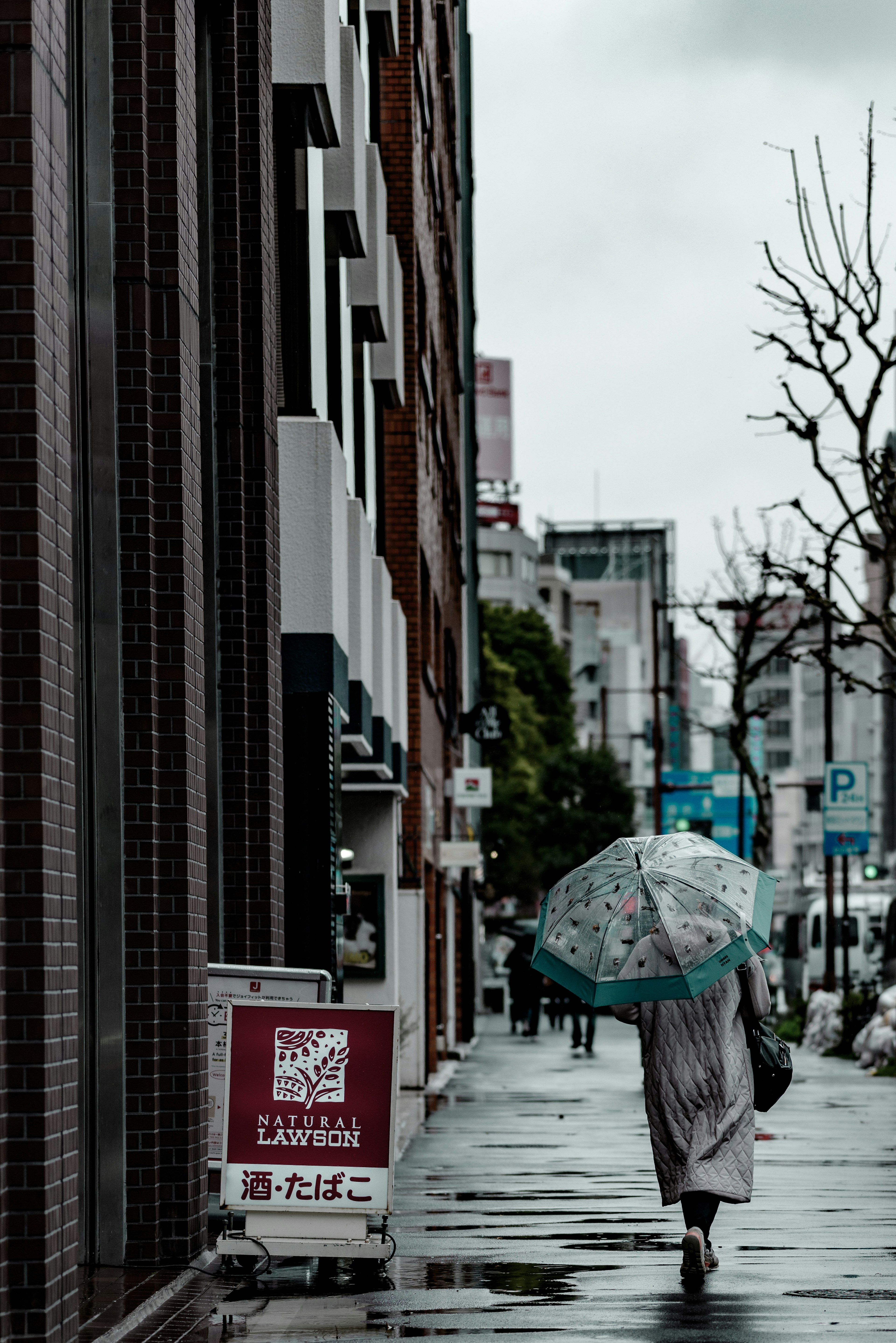 Person walking with an umbrella in the rain and quiet city street