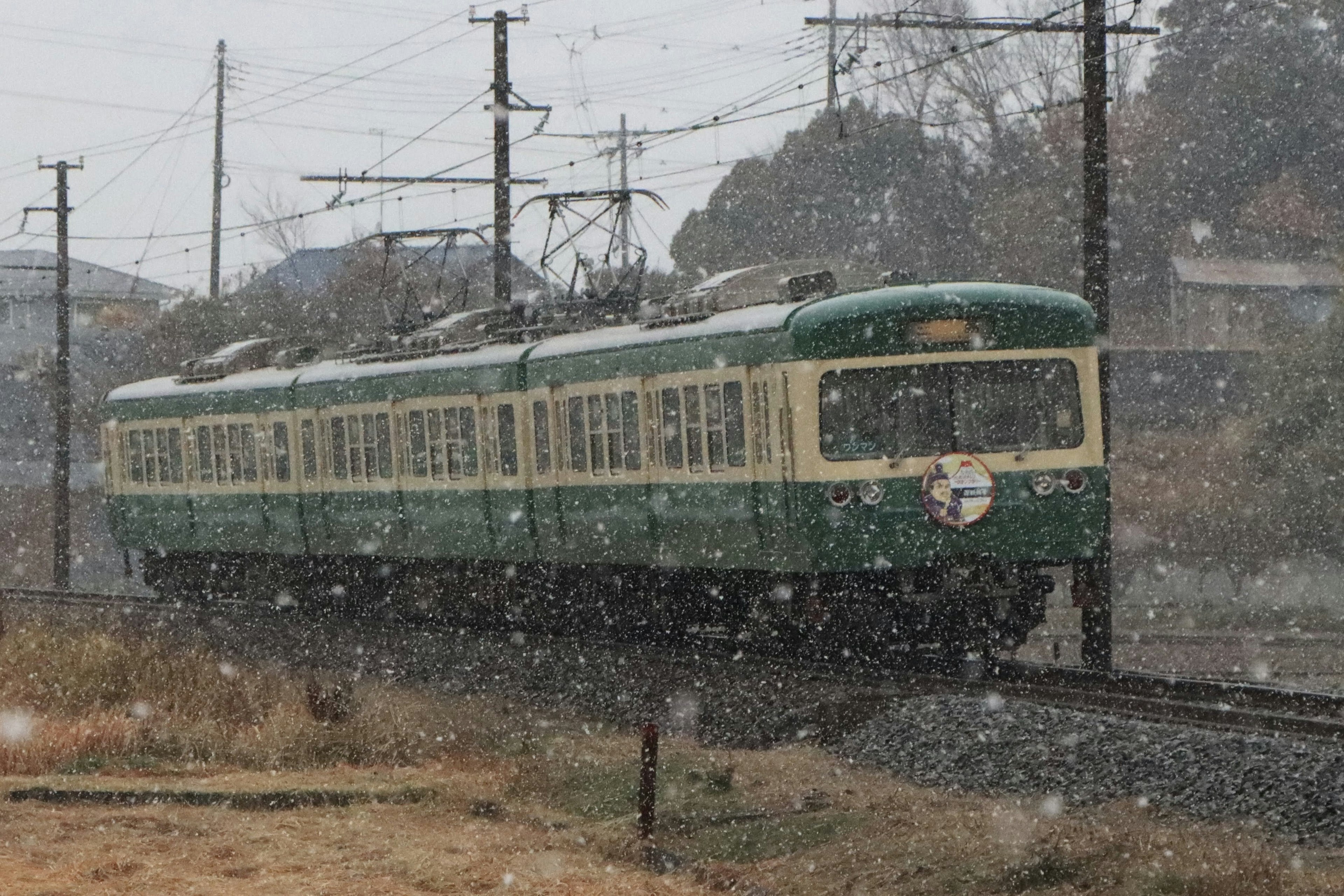 A green and cream train traveling through snow with power lines in the background