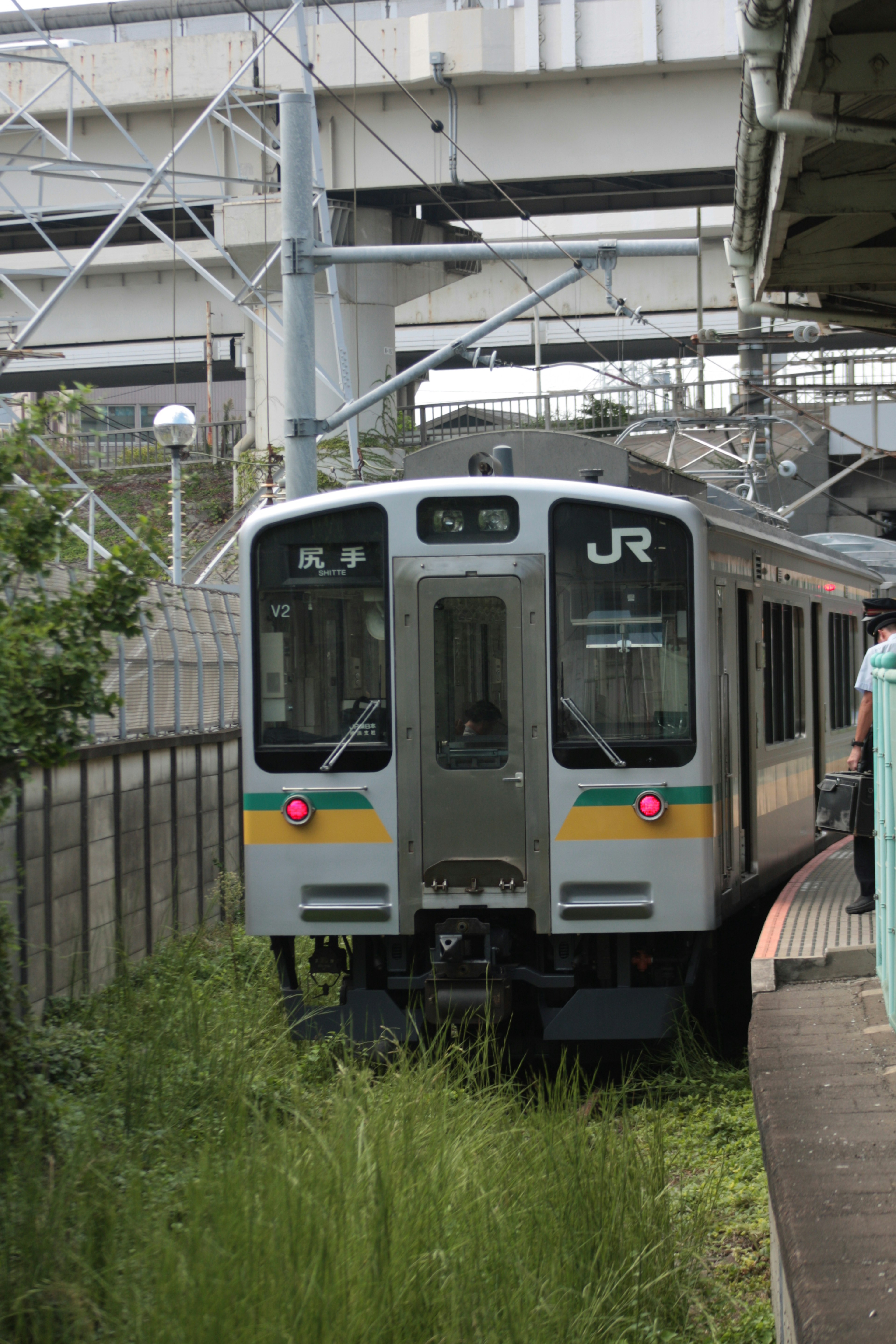 A JR train stopped at a station surrounded by green grass